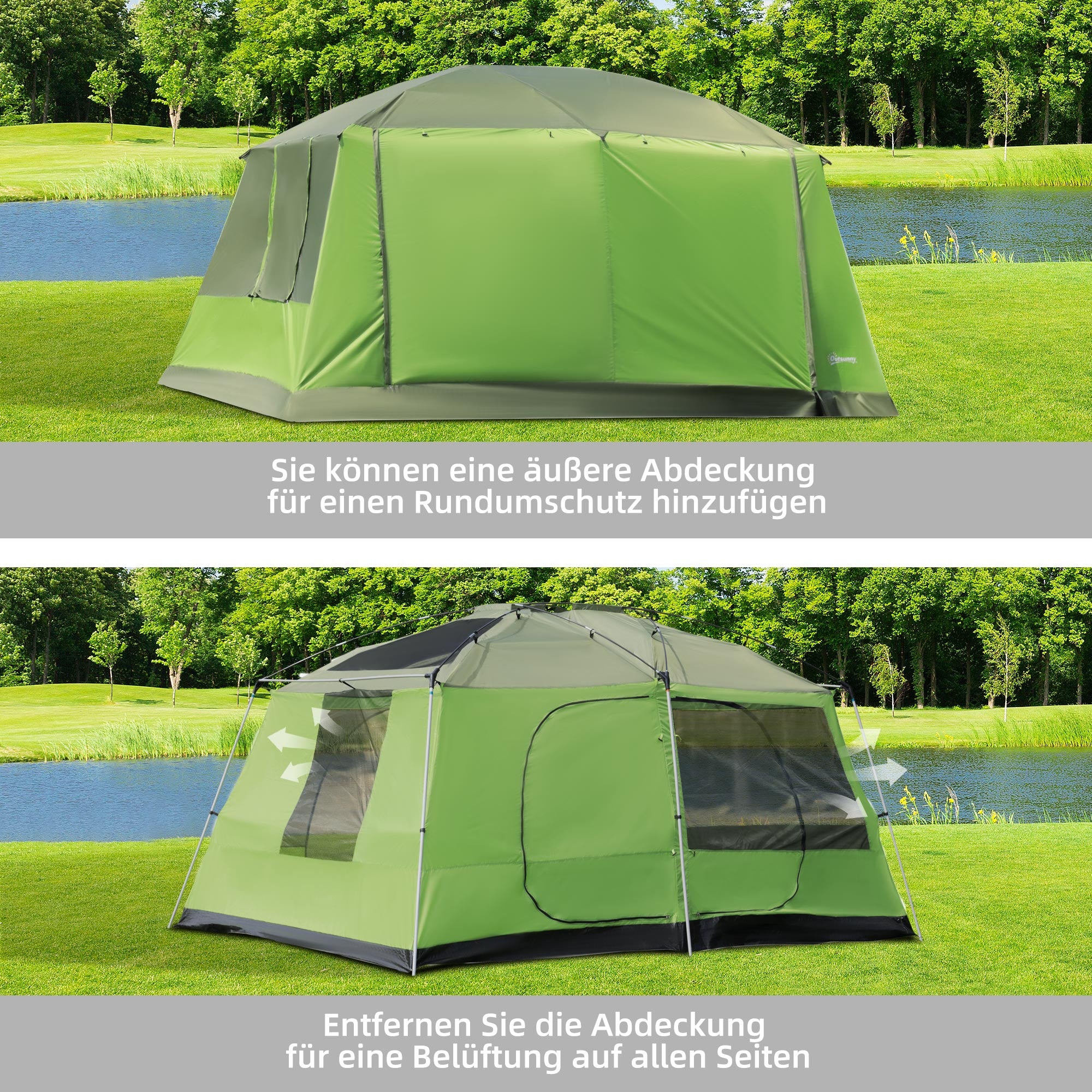 Outsunny Campingzelt Kuppelzelt Familienzelt 2 Schlafkabinen 4-8 Personen L405 x B305 x H225cm