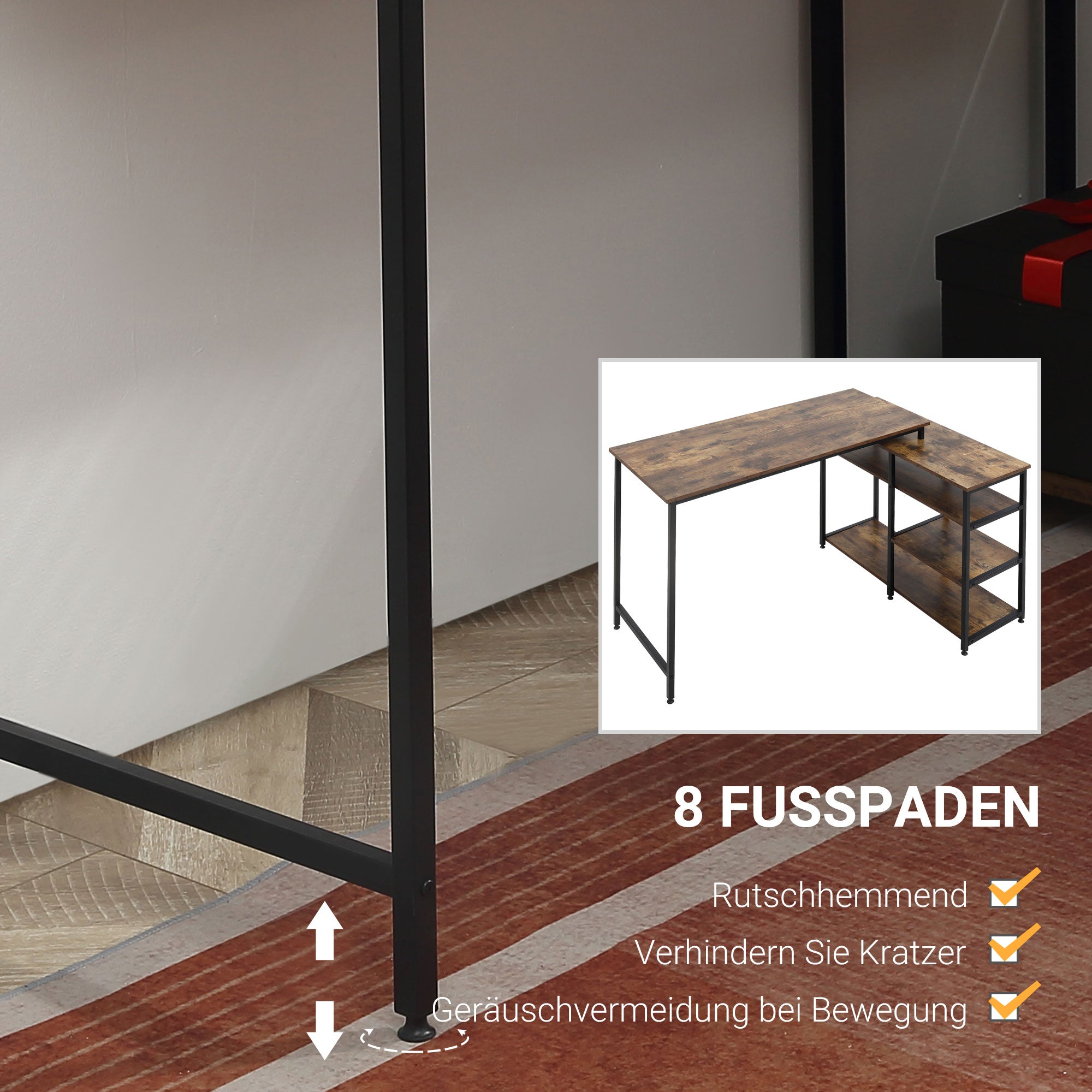 HOMCOM Eckschreibtisch Winkelschreibtisch PC-Tisch Computertisch Bürotisch Regal Schublade L-Form Spanplatte Metall Rustikales Braun 135 x 90 x 79 cm