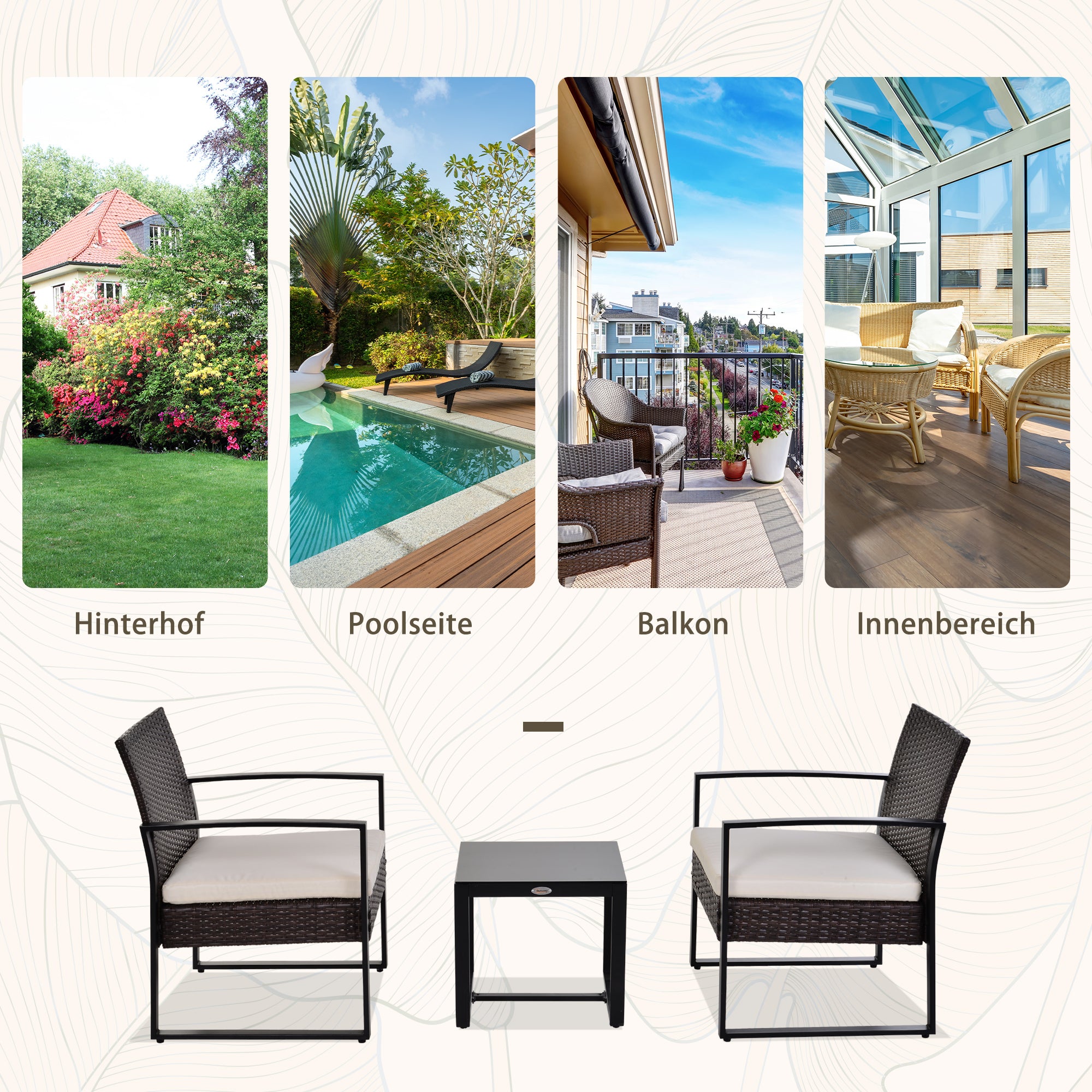 Outsunny Polyrattan Gartenset für 2 Personen Balkonmöbel Set mit Kissen Braun+Creme