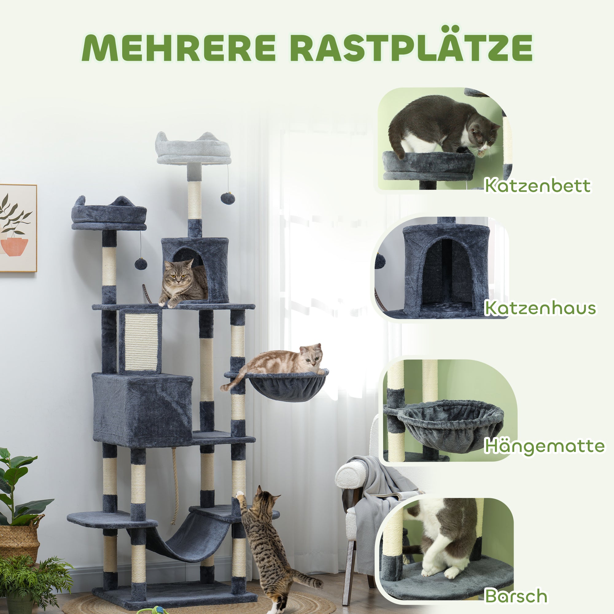 PawHut Kratzbaum 206 cm Katzenturm mit Höhle, 2 Spielballen, Sisalstämme, Plattform für große Katzen, Dunkelgrau