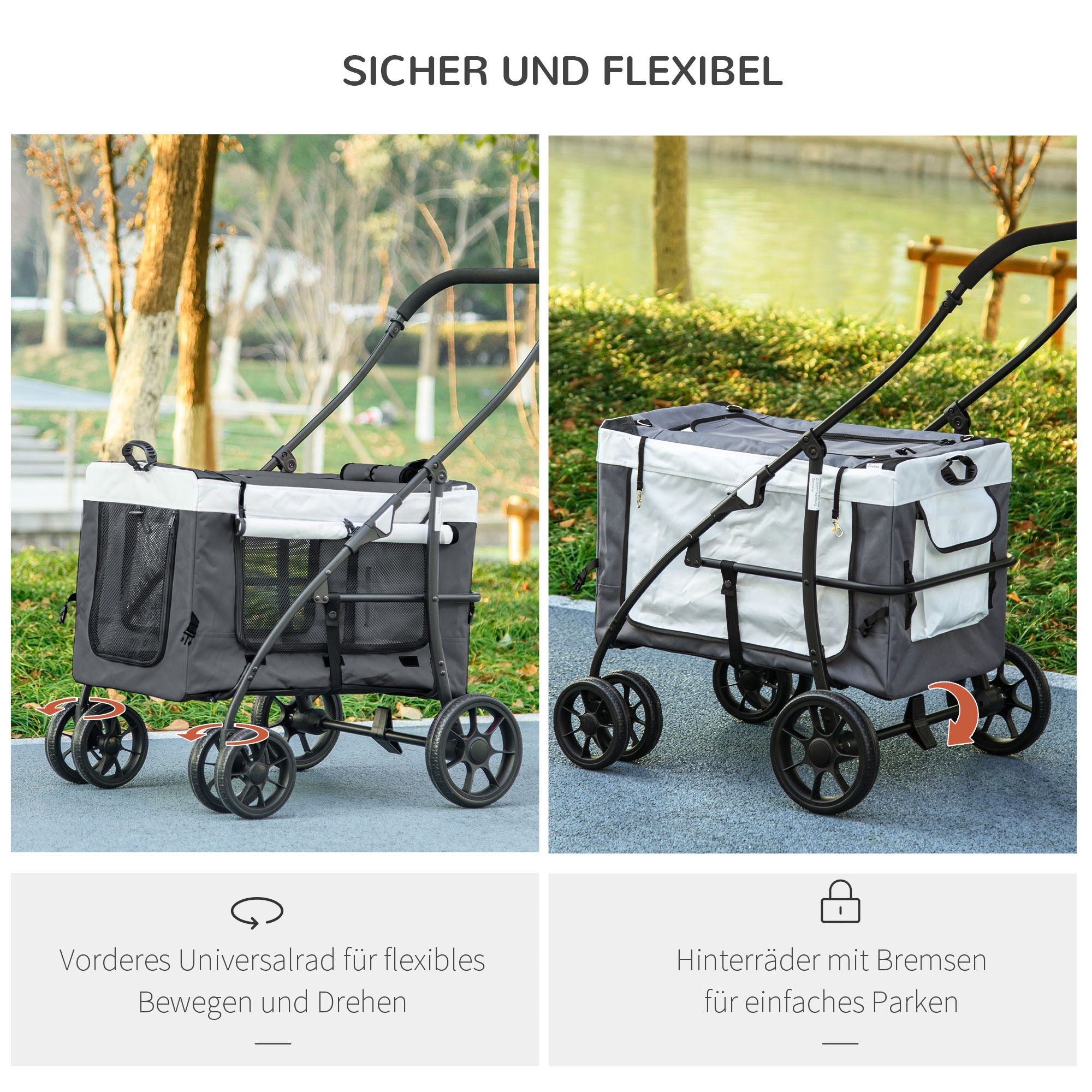 PawHut Hundbuggy Haustierbuggy bis 10kg klappbar abnehmbarer Korb 81 x 58 x 97,5 cm Schwarz + Grau + Weiß