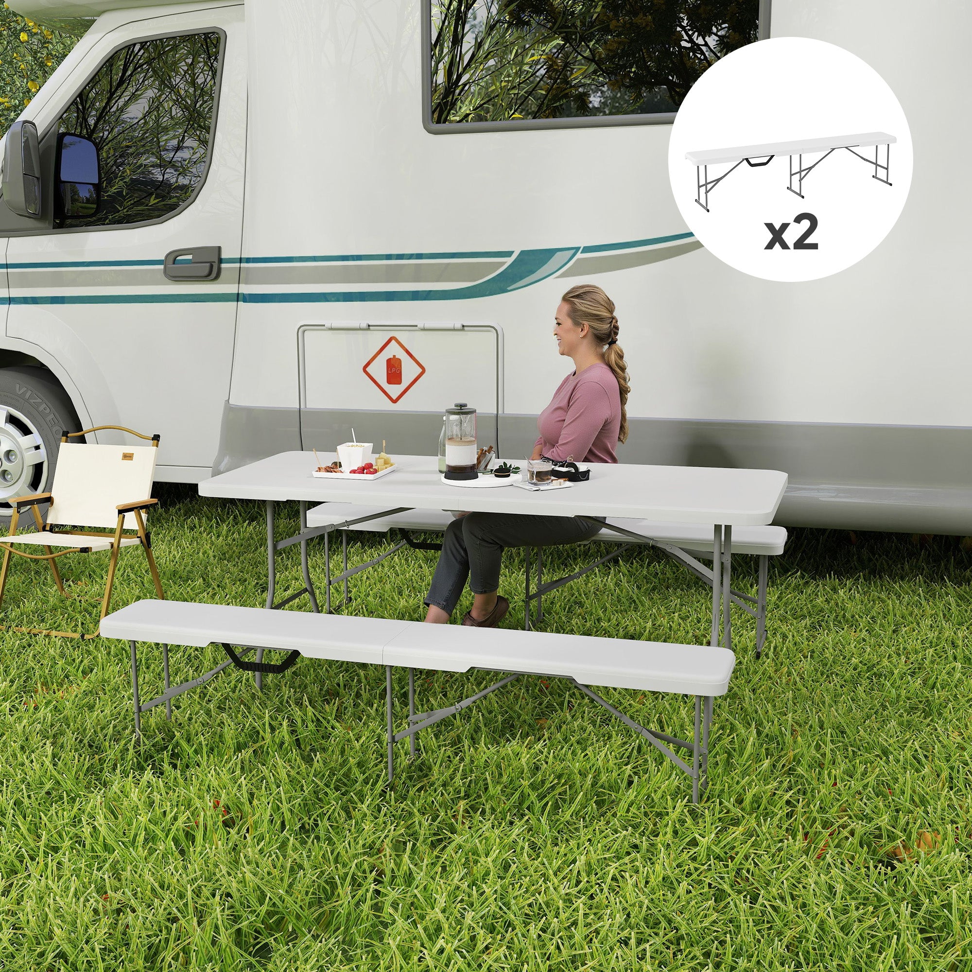 Outsunny Campingbank, Kunststoff-Outdoor-Bank, 240 kg Belastbarkeit, Weiß