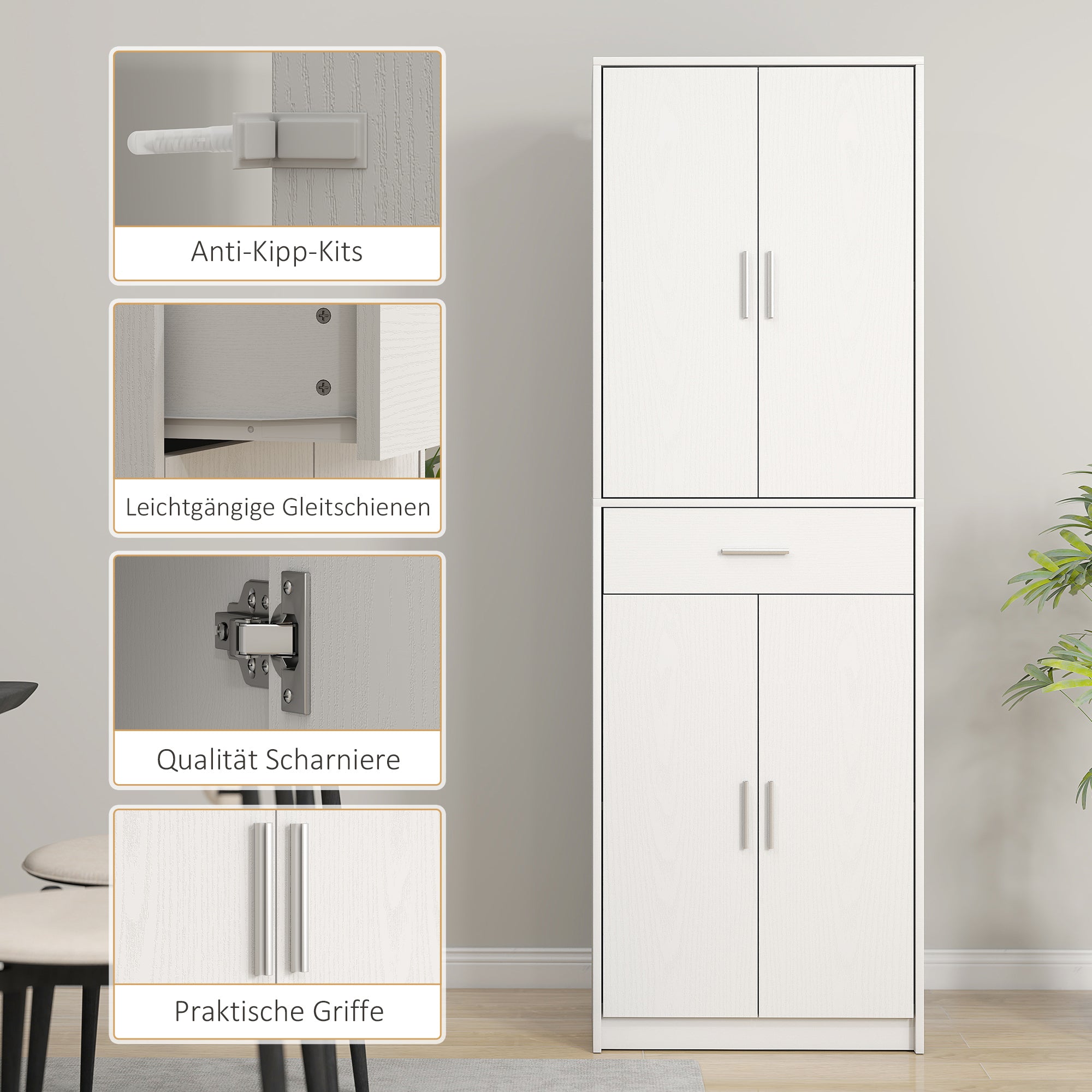 HOMCOM Küchenschrank, 3-stufig verstellbare Regale, Spanplatten, MDF, viel Stauraum, Weiß