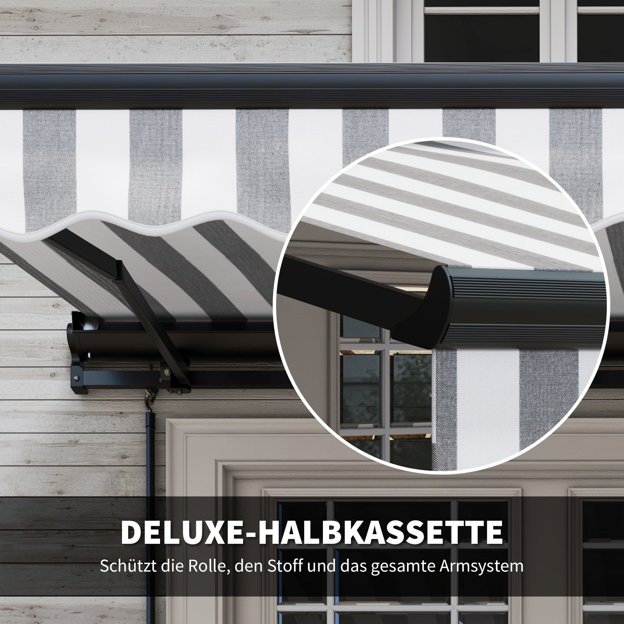 Outsunny Sonnenmarkise Markise Terrassenmarkise, wetterbeständig, 1 Handkurbel, 395 x 250 x 150 cm, Grau + Weiß