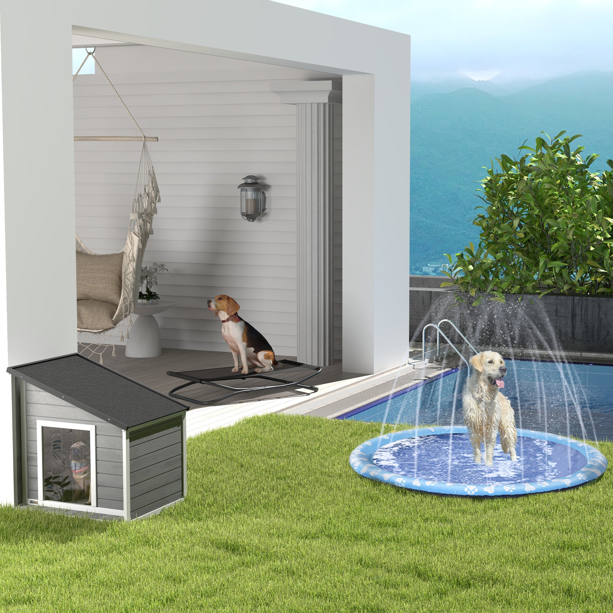 PawHut Hundehütte aus Massivholz, wetterbeständig, Asphaltdach, 71 cm x 58 cm x 77 cm, Grau + Weiß