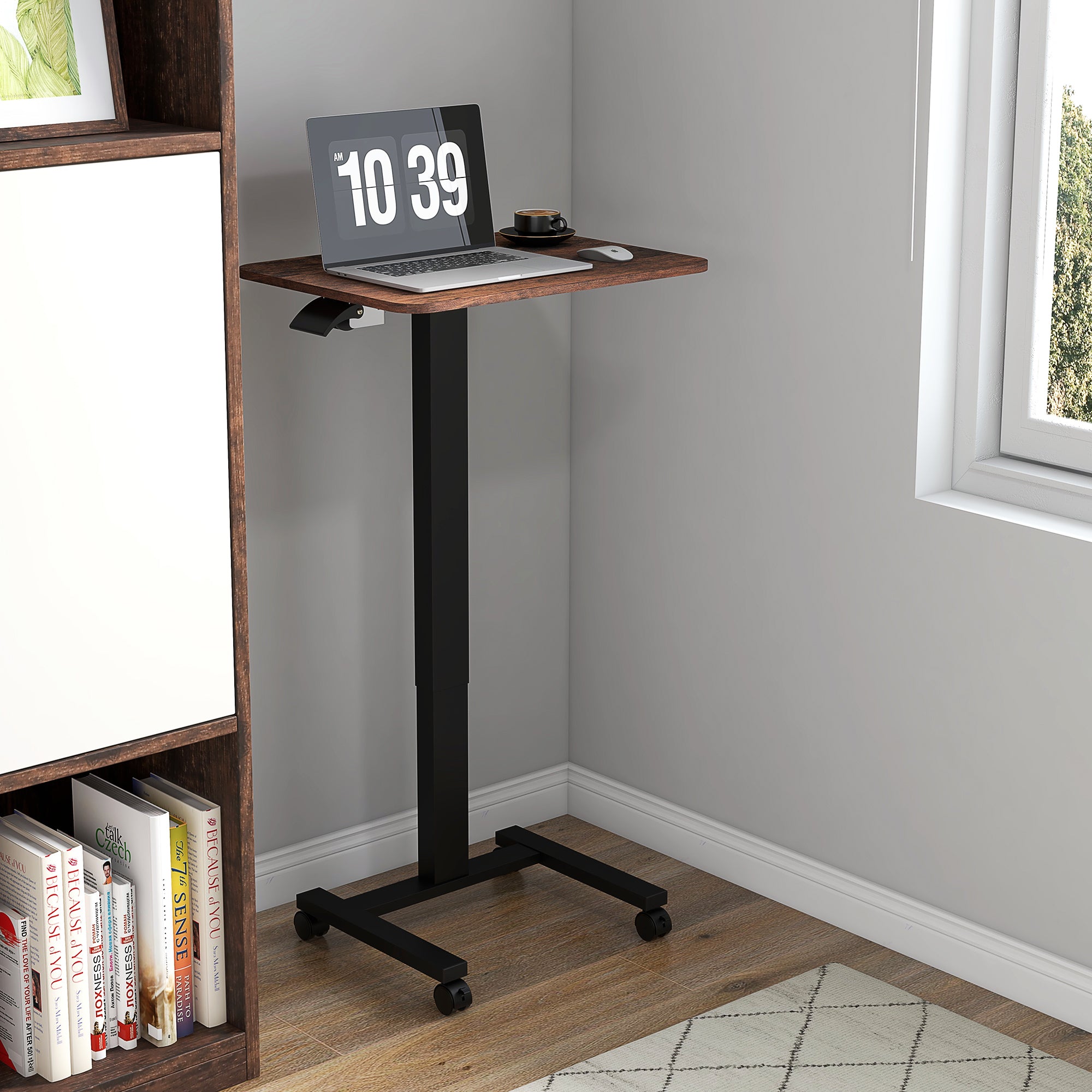 Vinsetto Stehpult Stehtisch, Laptoptisch, höhenverstellbar, 4 Rollen, 65 cm x 48 cm x 108 cm, Braun + Schwarz