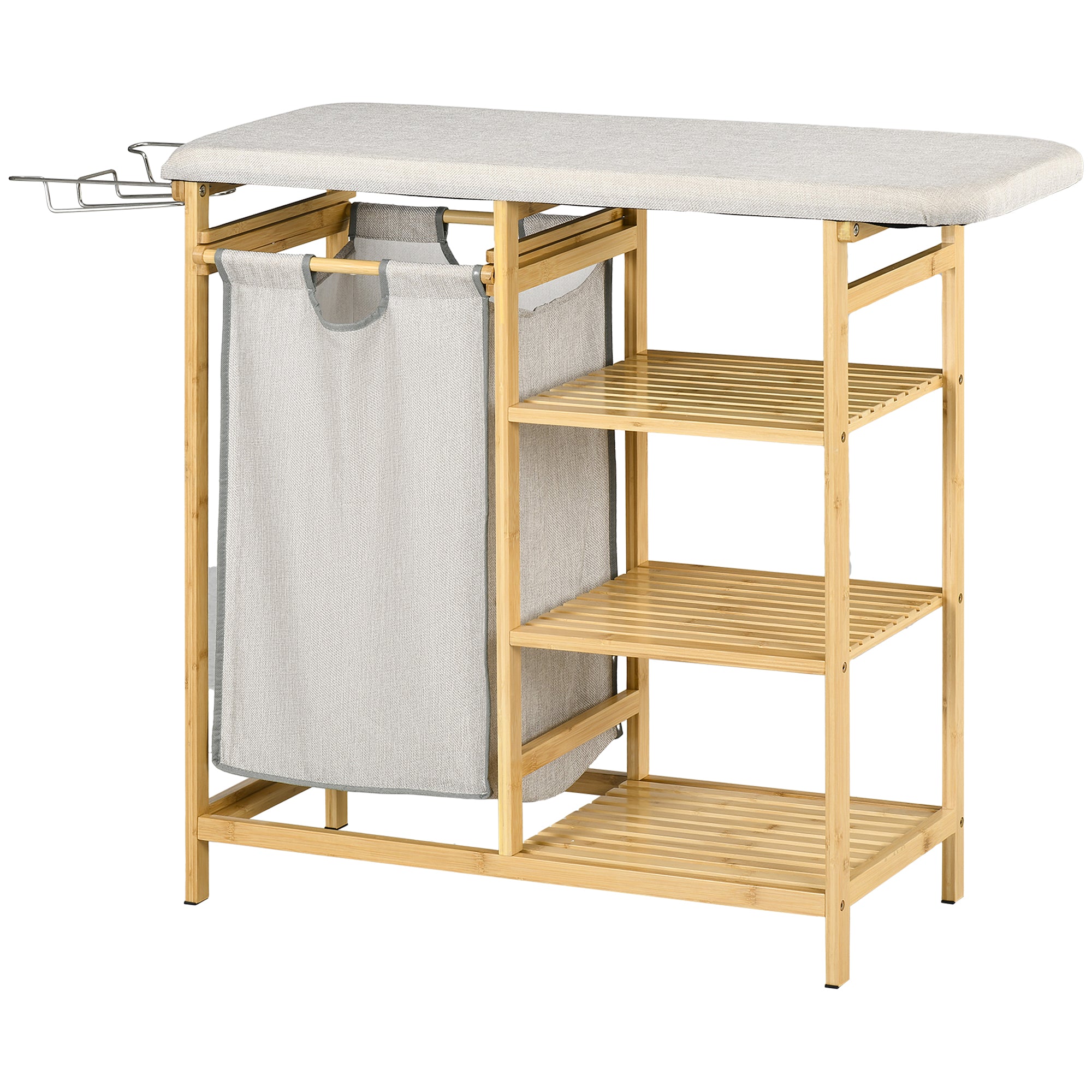 HOMCOM Wäschesammler, multifunktional, Bügelbrett & Stoffsack 57L, Bambusgestell, 113x34x82cm, Natur/Grau