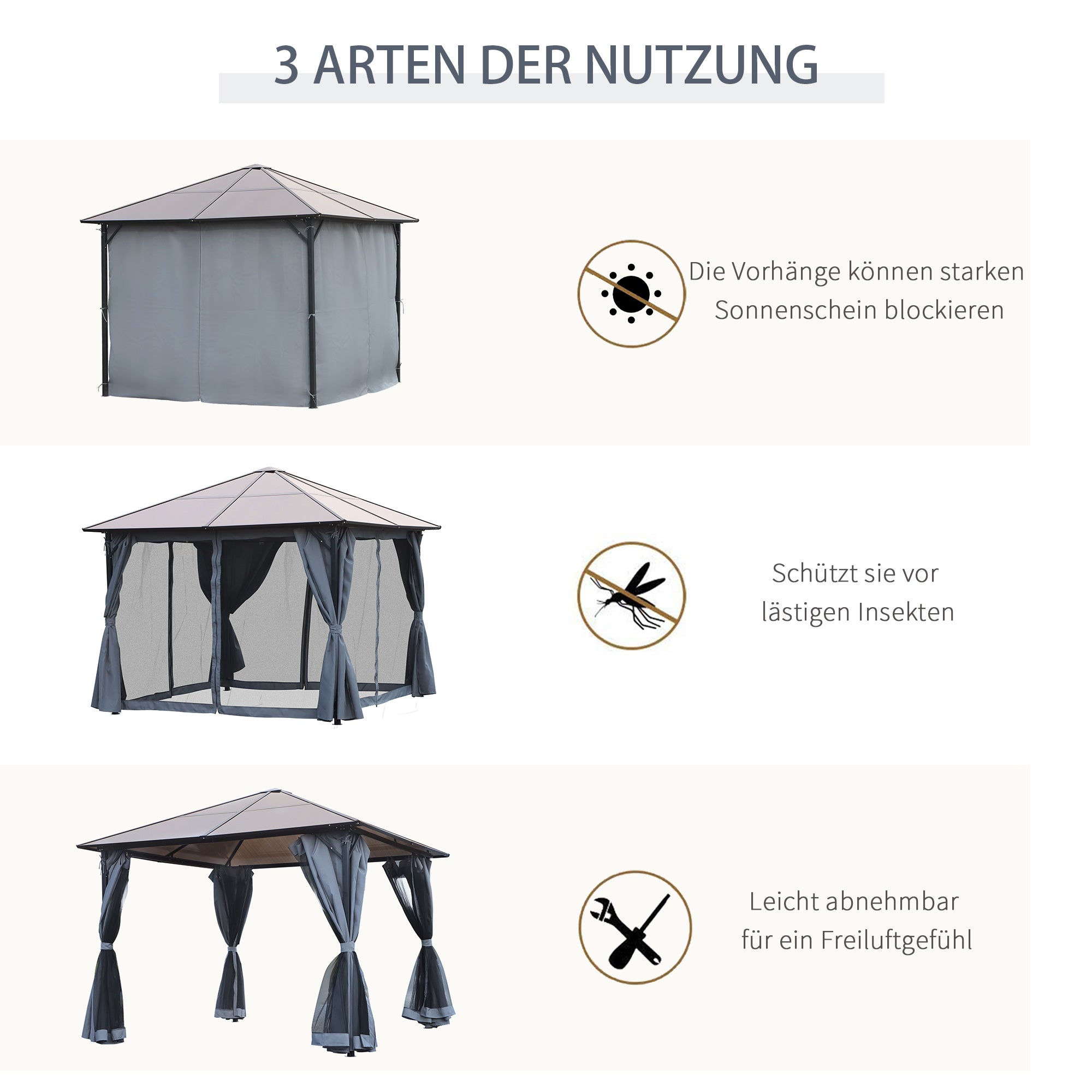 Outsunny Pavillon mit Polycarbonatdach, Vorhänge mit Fliegennetz, Alugestell, dunkelgrau, 3 x 3 m