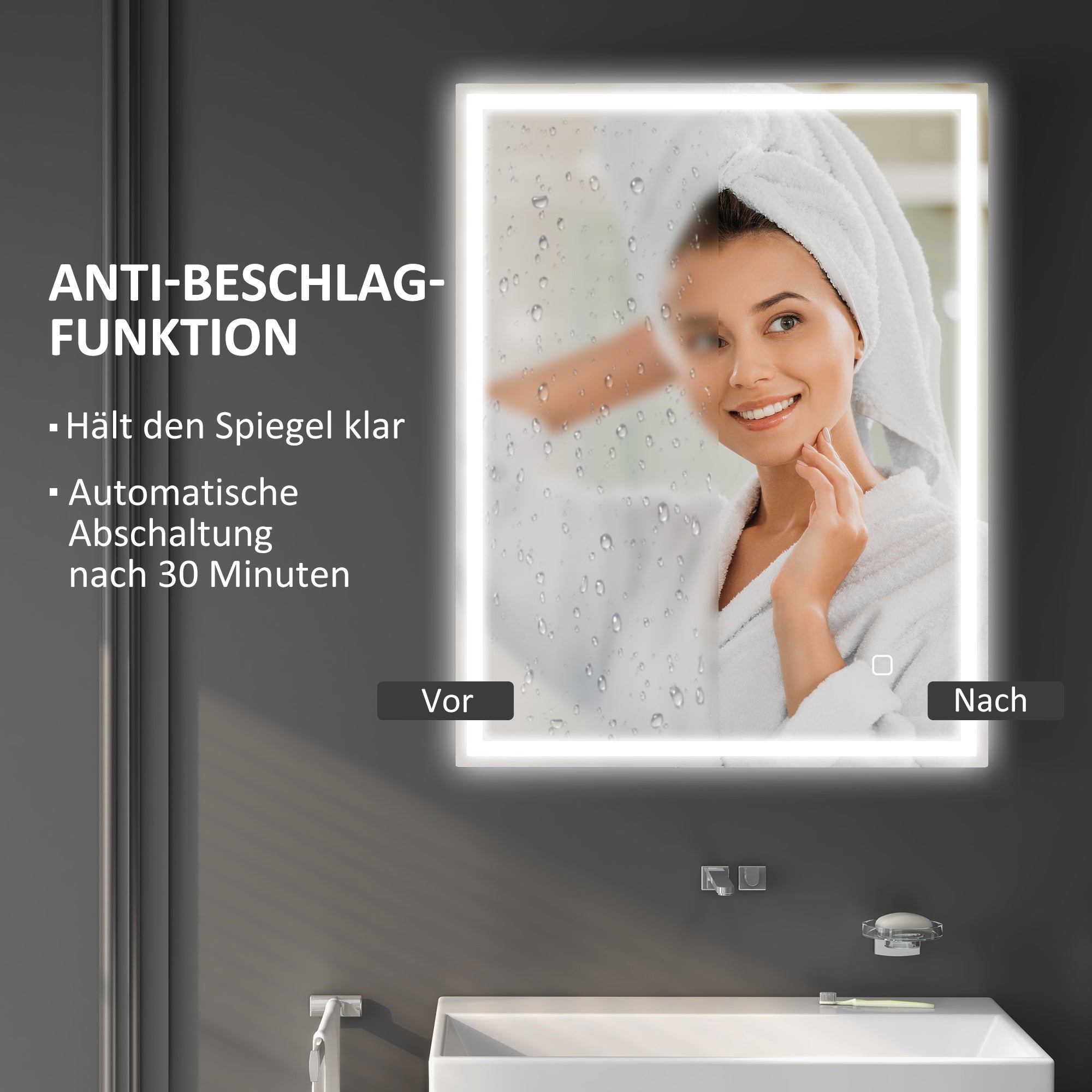 HOMCOM Badspiegel mit Beleuchtung 90x70 cm LED Spiegel Wandspiegel mit Memory-Funktion 3 Lichtfarben Silber