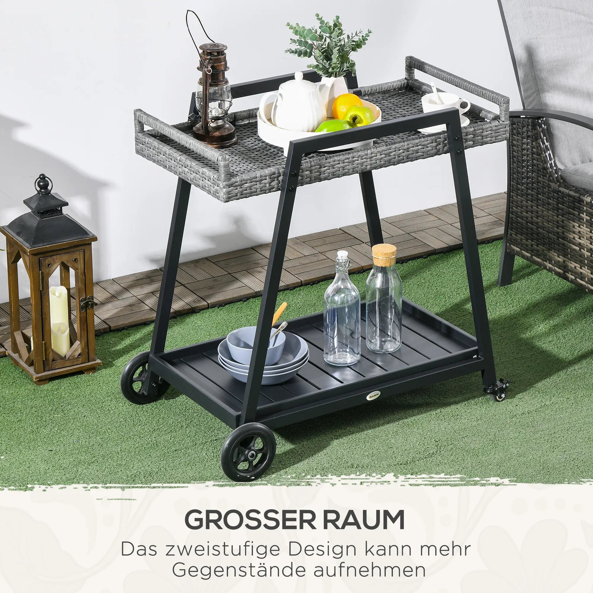 Outsunny Servierwagen Rattan mit Rollen 2 Etagen Griffe