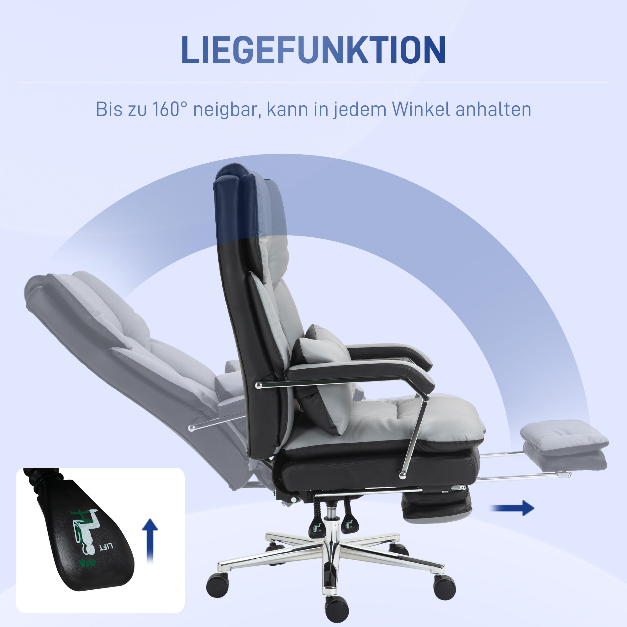 HOMCOM Bürostuhl, ergonomisch, verstellbar, 63x71x123-129cm, Hellgrau/Schwarz