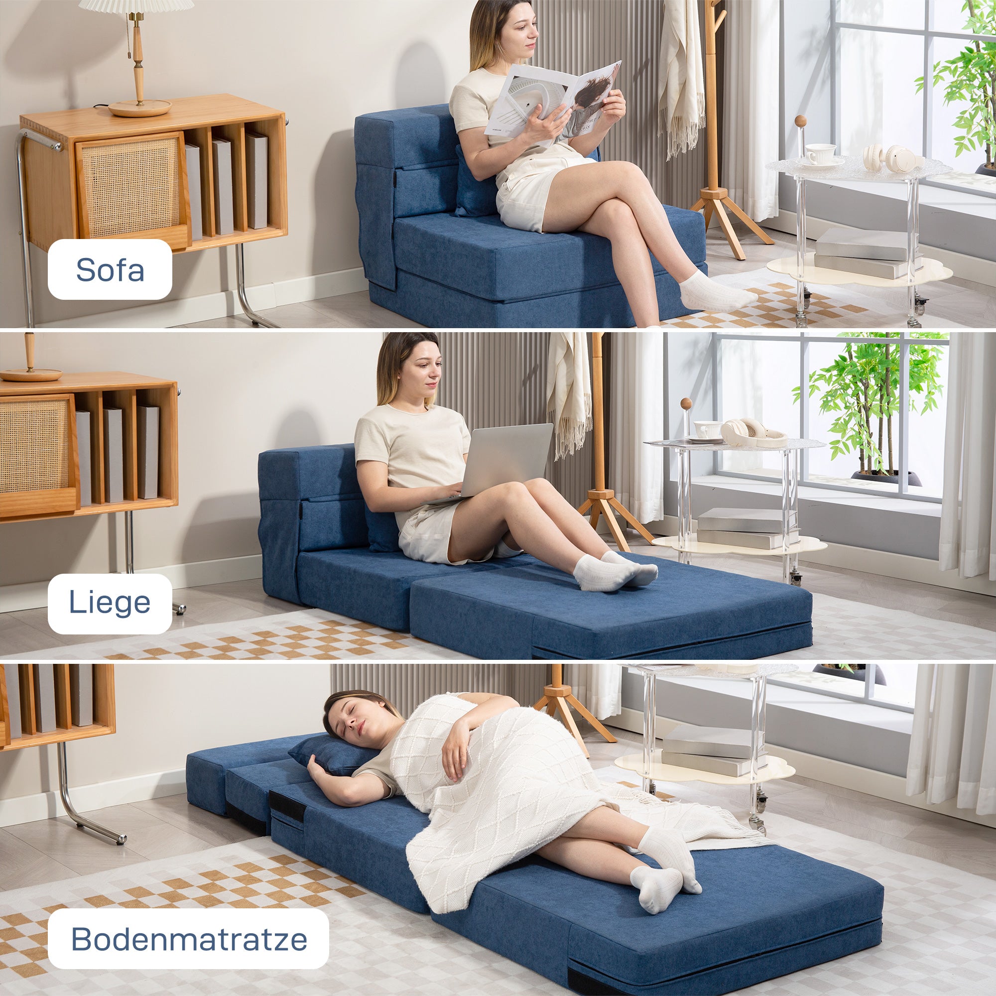 HOMCOM Bodensofa, Polstercouch, in Matratze umwandelbar, Schaumstoff, Kissen, Dunkelblau