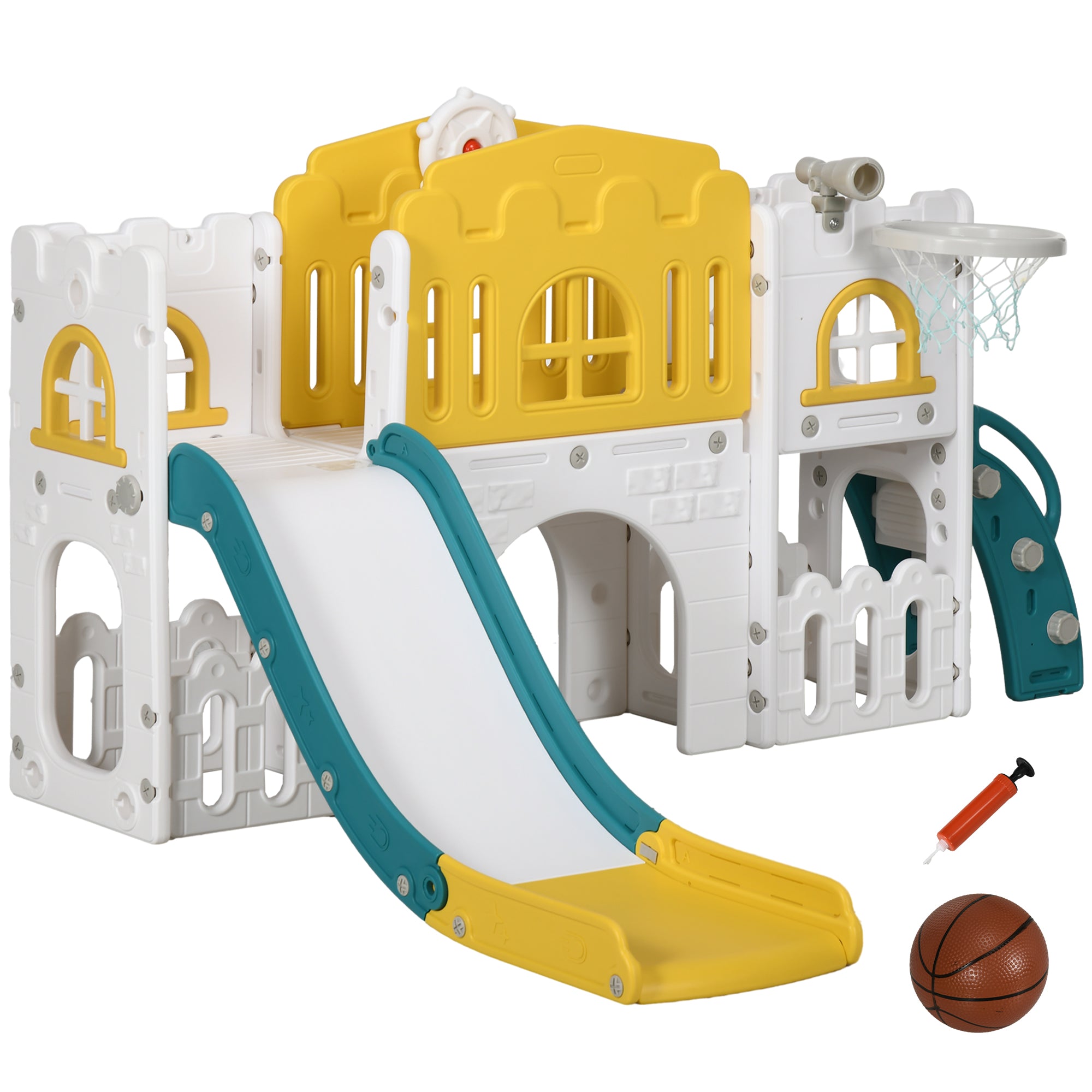 AIYAPLAY Kinderrutsche, 7-in-1 Spielgerüst, mit Basketball & Lenkrad, für 1-3 Jahre, 178x177x99cm, Gelb/Weiß/Grün