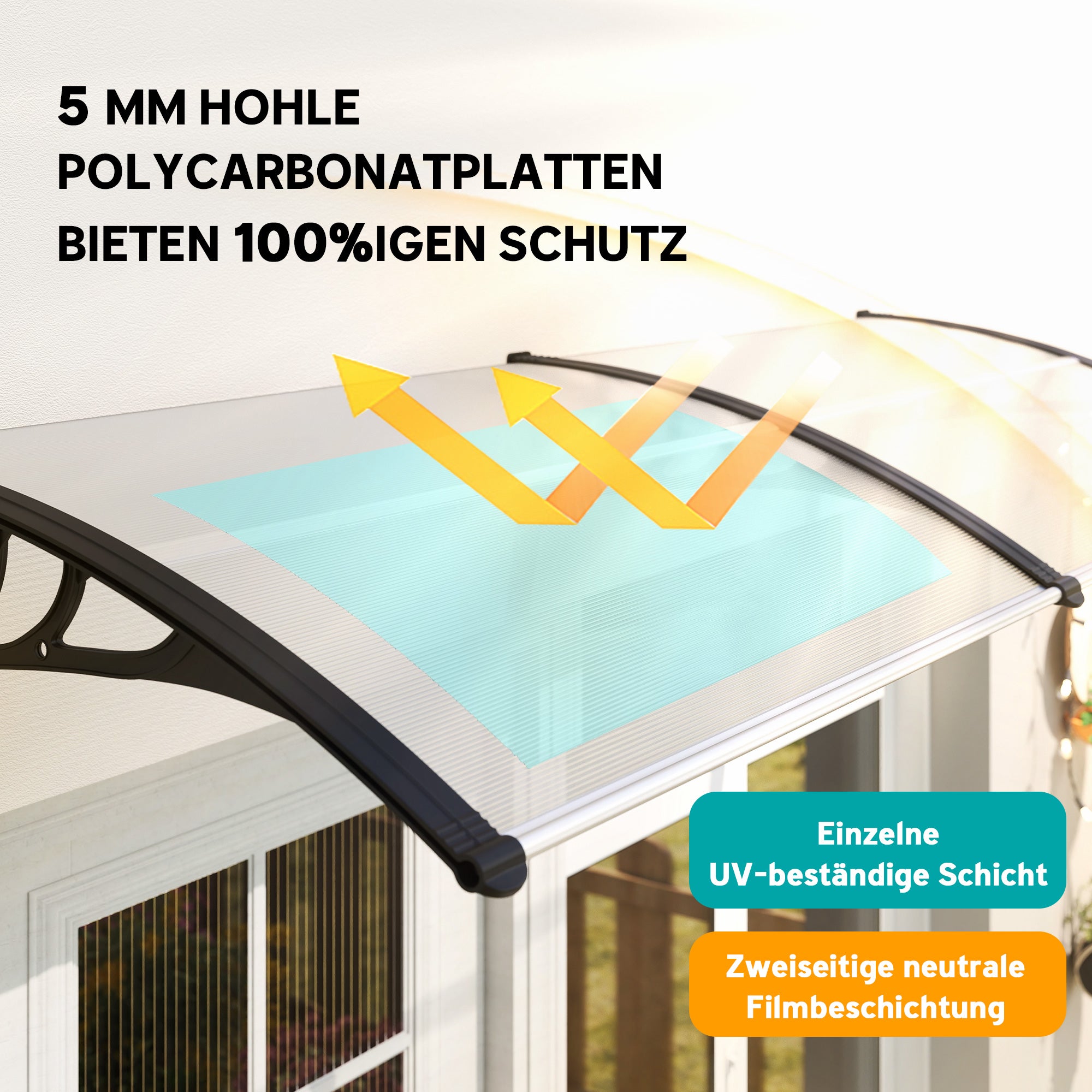 Outsunny Pultvordach Vordach für Haustür 75x195x23 cm Überdachung 5mm Polycarbonat Sonnenschutz Regenschutz für draußen Alu Transparent