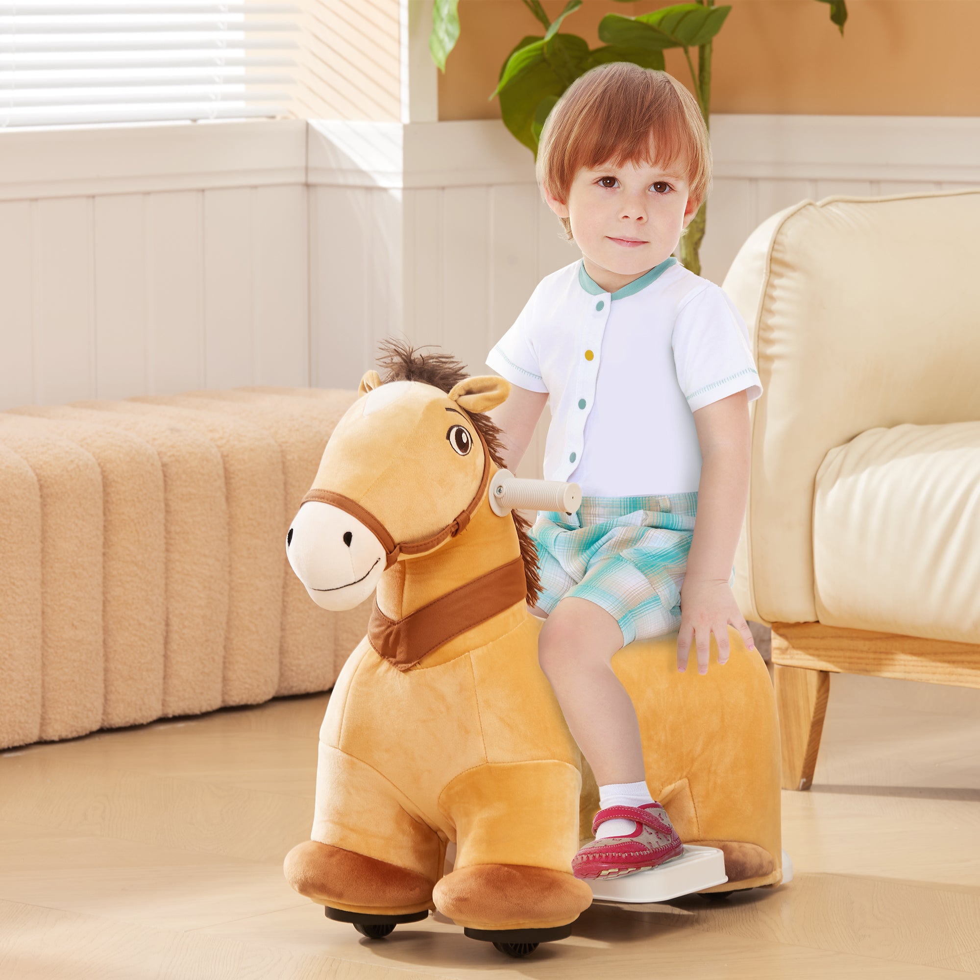AIYAPLAY 6V Elektrisches Reitpferd für Kinder, Batteriebetrieb, Mit Musikfunktion und Vorwärtsbewegung, 18-36 Monate, Braun