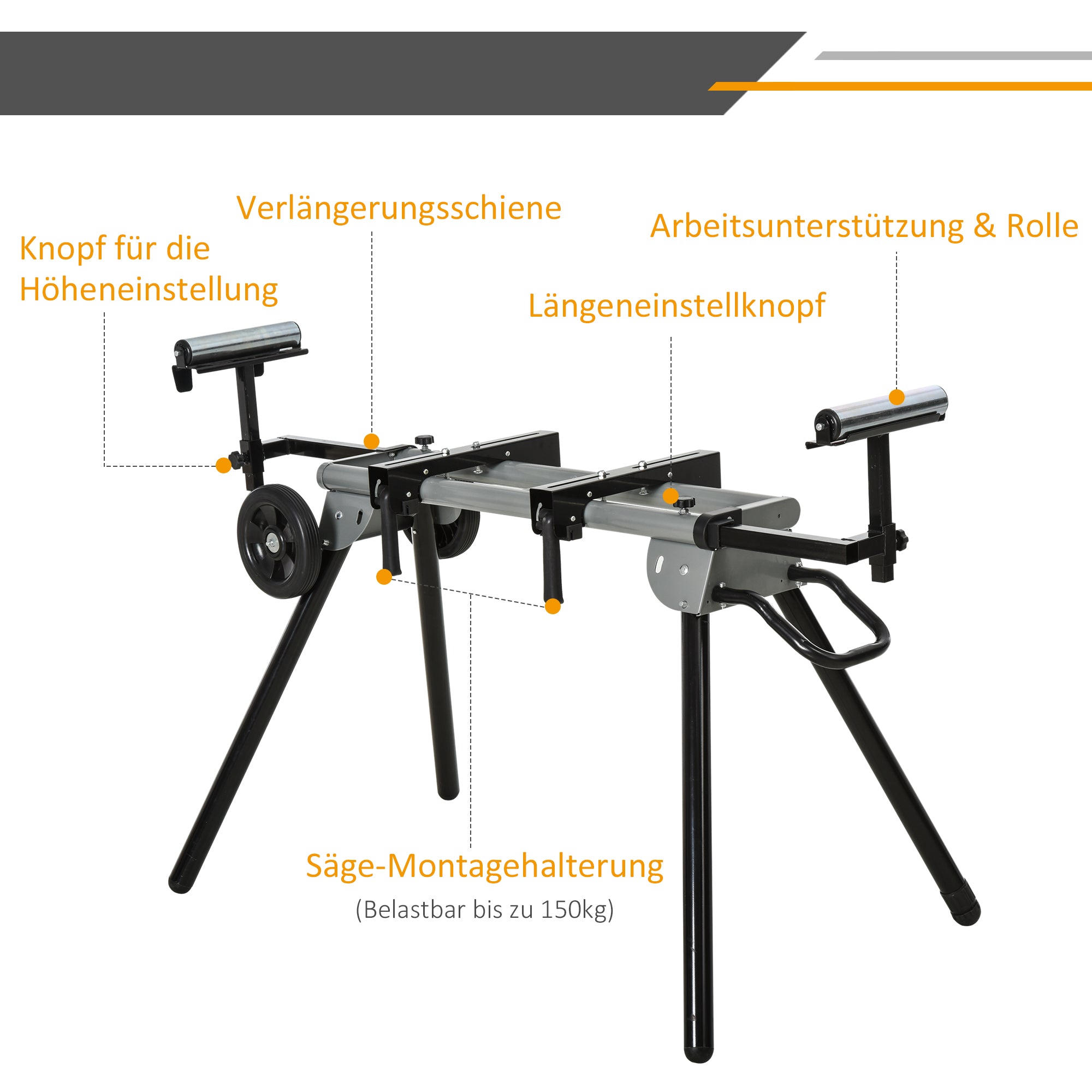 DURHAND Untergestell für Kappsägen Arbeitstisch für Kapp- und Gehrungssägen Sägengestell Kappsäge Stahl Schwarz+Silber Seitenverlängerung 123,5-245 cm