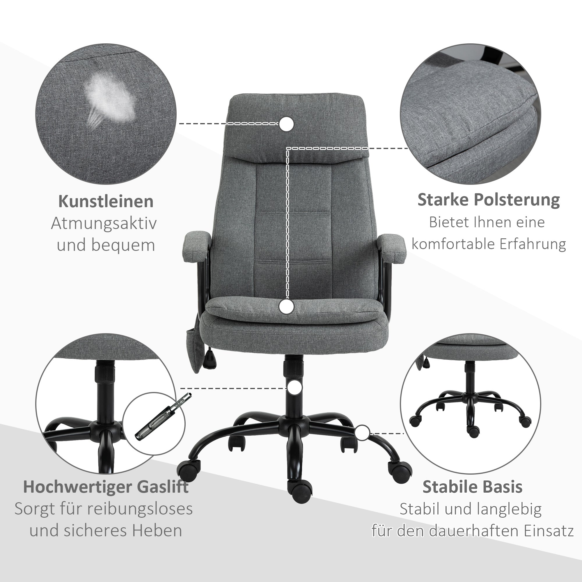Vinsetto Bürostuhl Massage höhenverstellbarer Chefsessel Gamingstuhl mit Massagefunktion, ergonomischer Drehstuhl Massage Sessel Lendenwirbelsäulenmassage Leinen-Gefühl Grau 63 x 70 x 112-121 cm