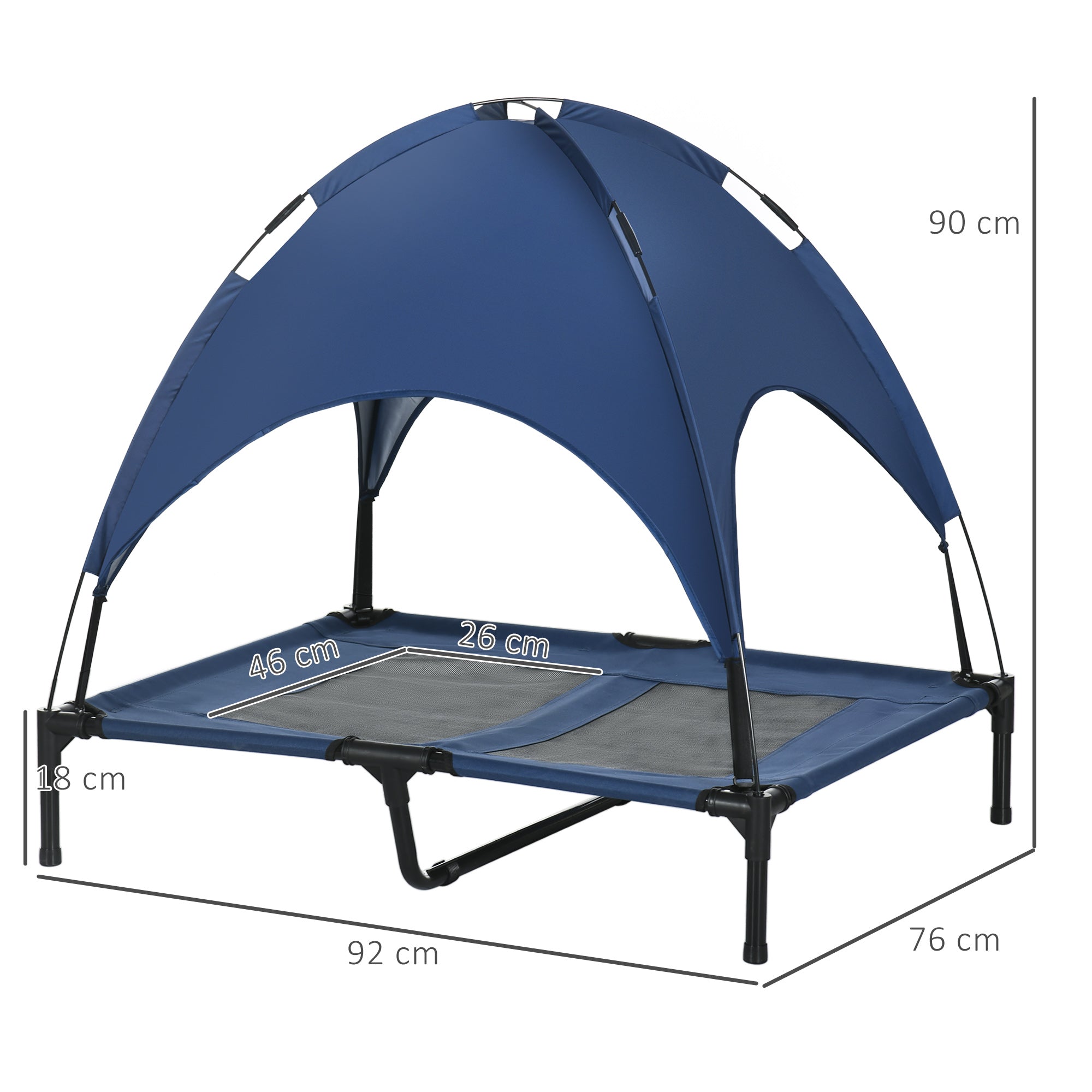 PawHut Hundebett mit Baldachin, Outdoor-Hundebett, klappbar, erhöhter Stand, Blau + Schwarz