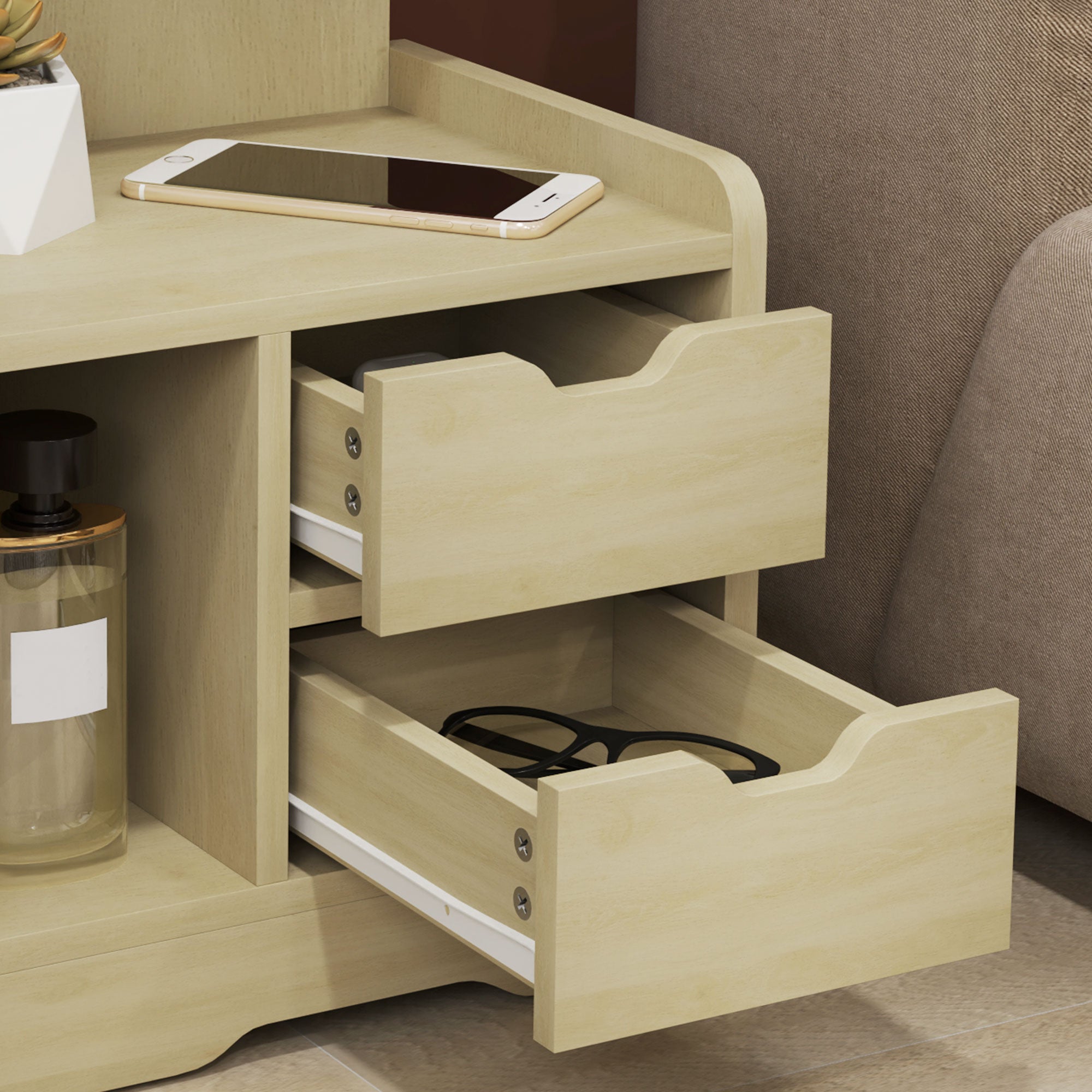 HOMCOM Nachttisch mit 2 Schubladen, offener Ablage, 40x30x60 cm, Holzdekor