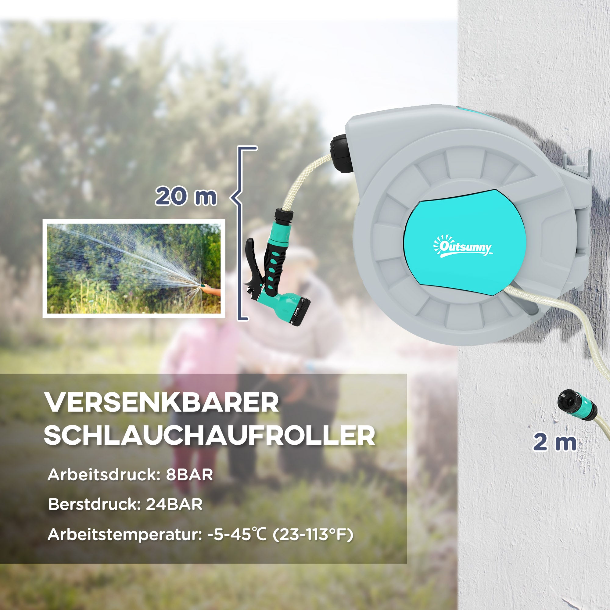 Outsunny Gartenschlauchhalter, 20+2 Meter Gartenschlauch in robustem Gehäuse, Wandhalterung, 7 Sprühmuster, 180° drehbar, Grau