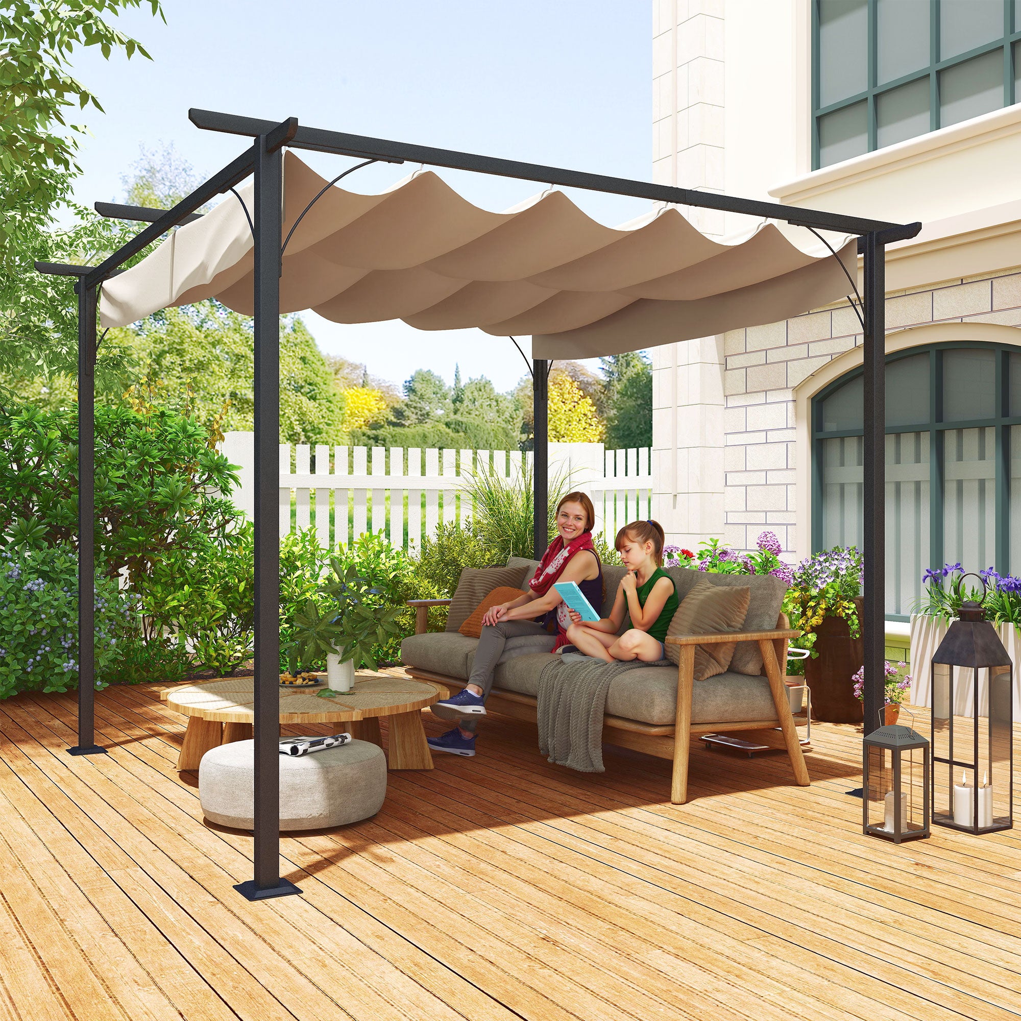 Outsunny Pergola Wasserdichter Pavillon 3 x 3 m Terrassenüberdachung mit Schiebedach, UV-Schutz für Garten Beige