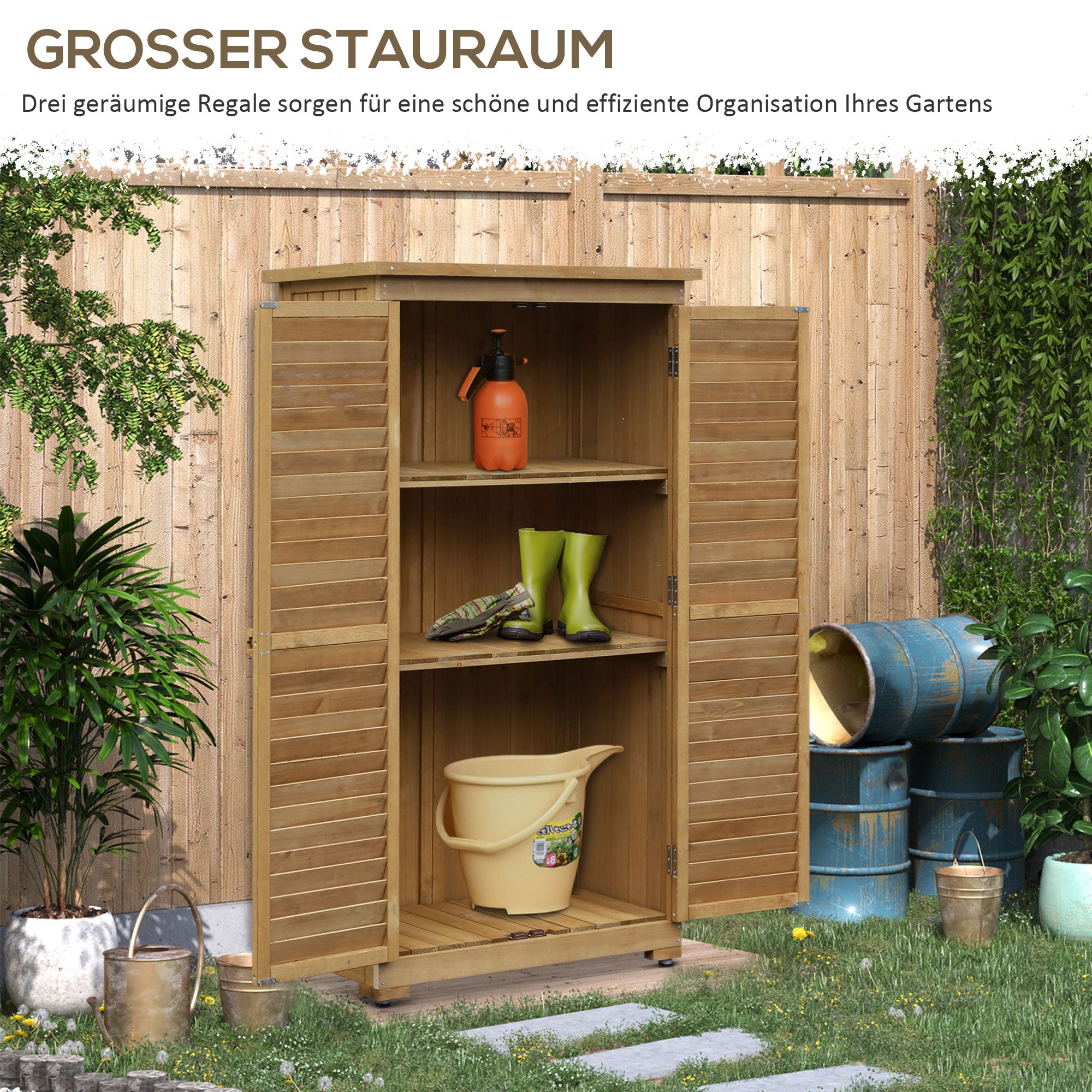Outsunny Geräteschuppen mit Lamellentüren 3 Regale wetterbeständig 87 cm x 46,5 cm x 160 cm Tannenholz Braun