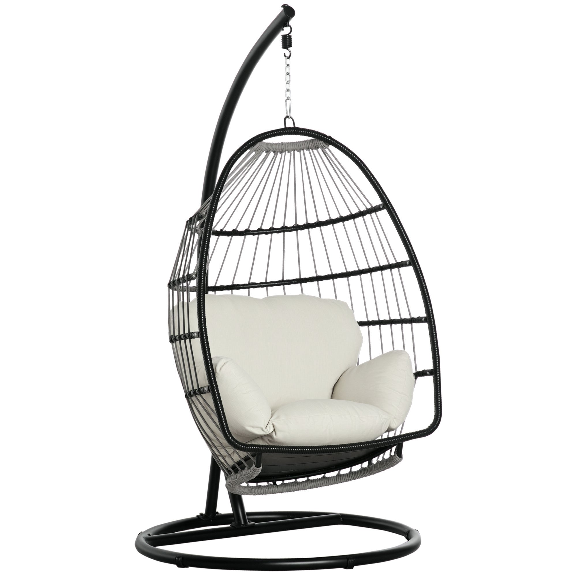 Outsunny Hängesessel Hängekorb mit Gestell Hängeschaukel Hängestuhl mit Kissen Korb faltbar Metall Schwarz+Cremeweiß 101 x 101 x 188 cm