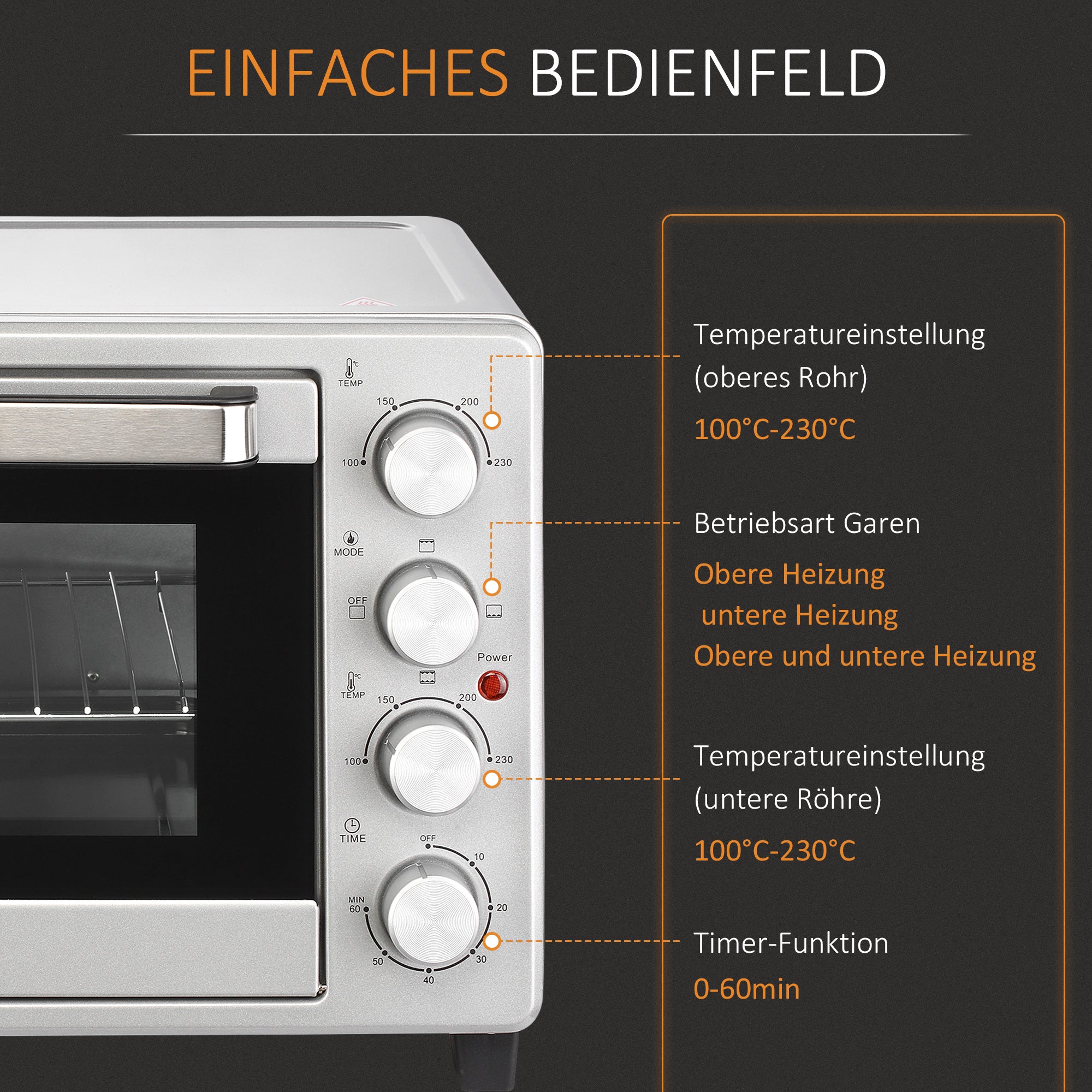 HOMCOM Mini Backofen 32L 100 °C-230 °C 1600 W Mini Ofen mit Backblech Krümelblech Grillrost und 3 Kochmodi Pizzaofen mit Timer Backblech-Griff Edelstahl Silber