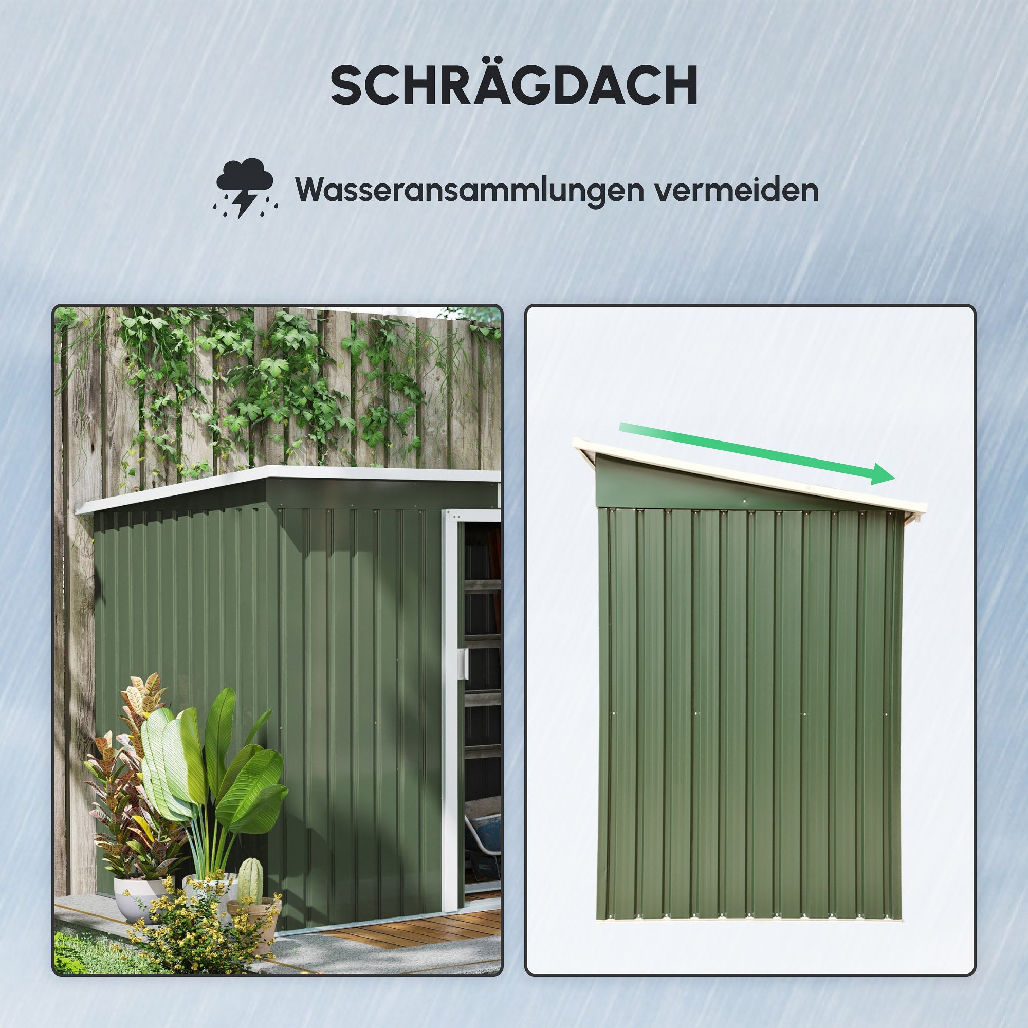 Outsunny Metall Gerätehaus 6,3m³ 280x130x172cm Geräteschuppen mit Pultdach Schiebetür wetterfest Gartenhaus Outdoor Garten Schuppen Schrank für Hinterhof Außenbereich Anthrazit, Hellgrün