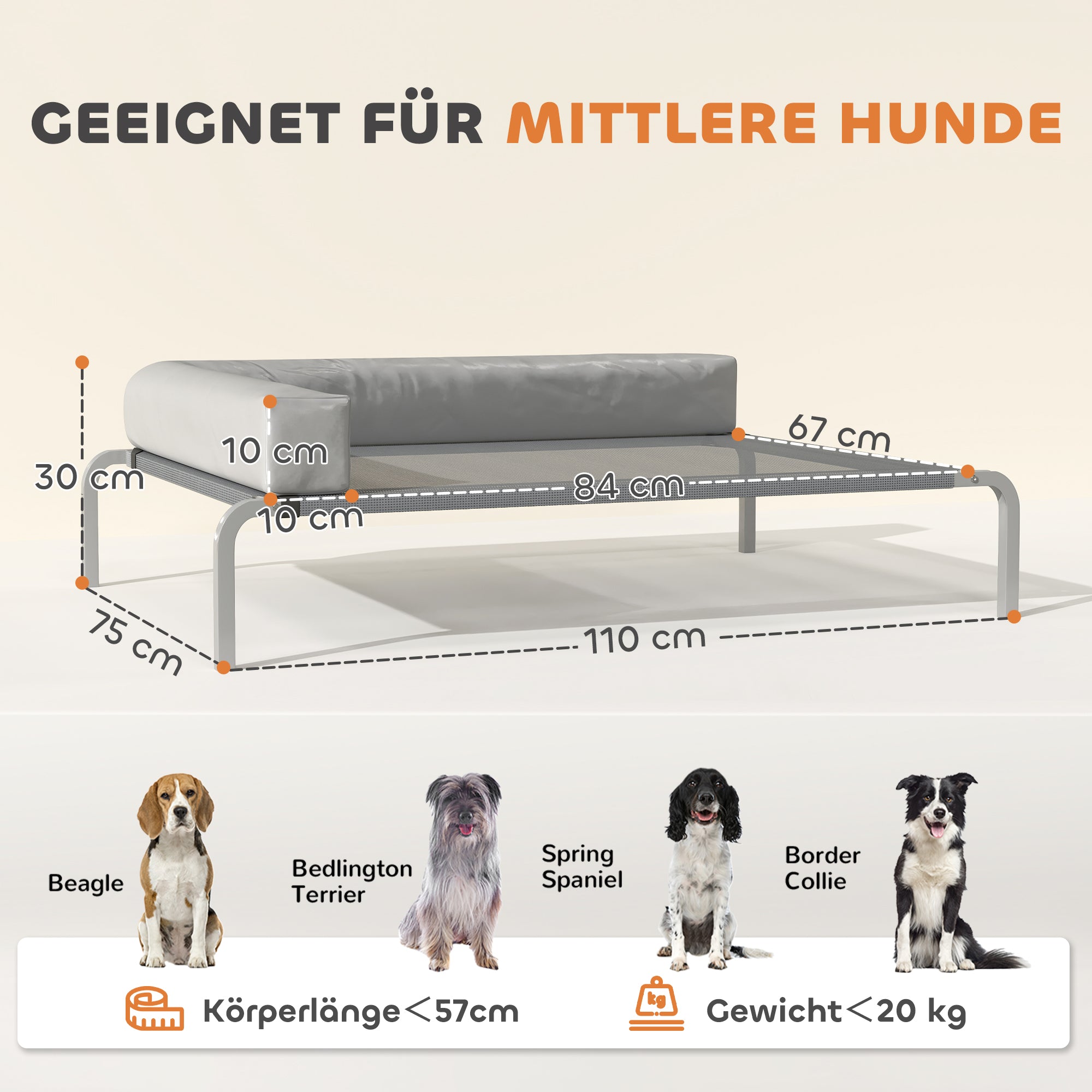 PawHut Hundeliege Outdoor, Erhöhtes Hundebett für Mittelgroße Hunde, mit L-förmige Kissen 110x75x30cm, Hellgrau