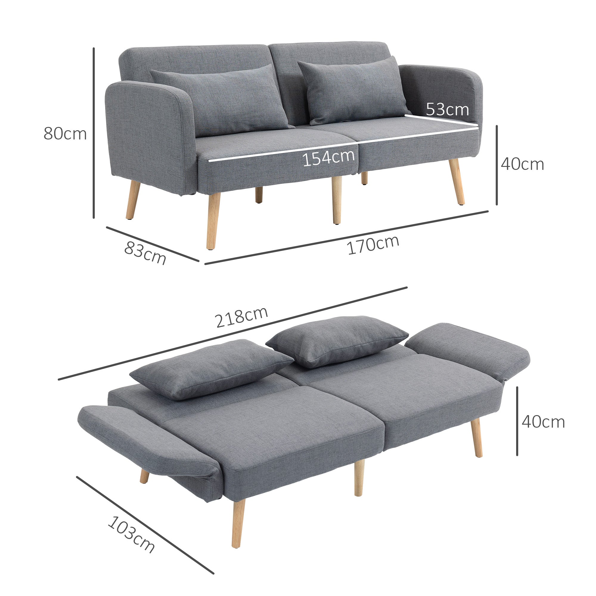 HOMCOM 3-Sitzer Schlafsofa, Gäste-Doppelbett, bis 240 kg, Klapplehnen, Holzrahmen, 170 x 83 x 80 cm, Grau