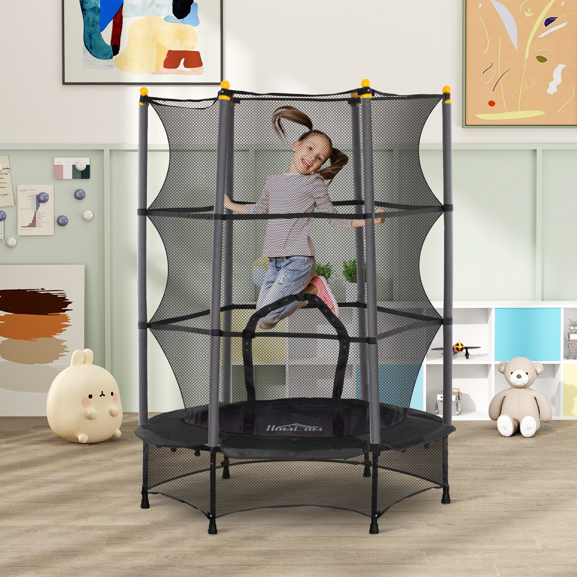HOMCOM Trampolin für Kinder, Ø140 cm, mit Sicherheitsnetz, für innen und außen, Stahl, Kunststoff, belastbar bis 50 kg, Schwarz
