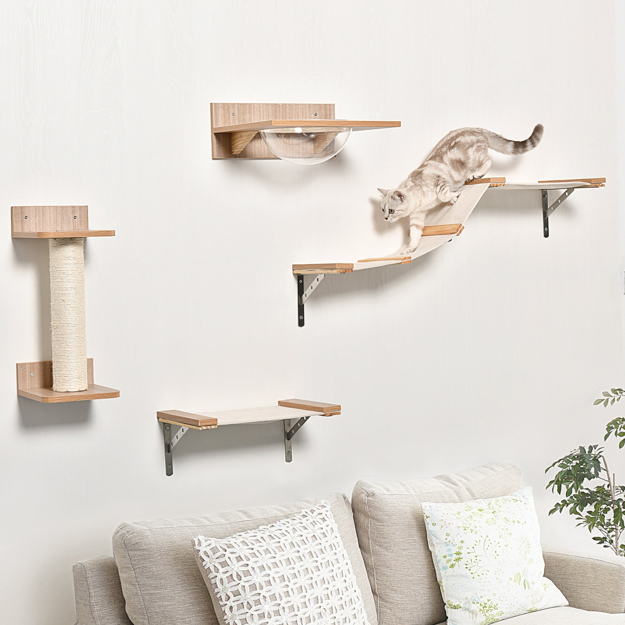 PawHut 4tlg. Kletterwand für Katzen Katzenkletterwand mit Kratzbaum Katzentreppe Katzenmöbel Hängematte Hellbraun Sisal Acryl Kiefer