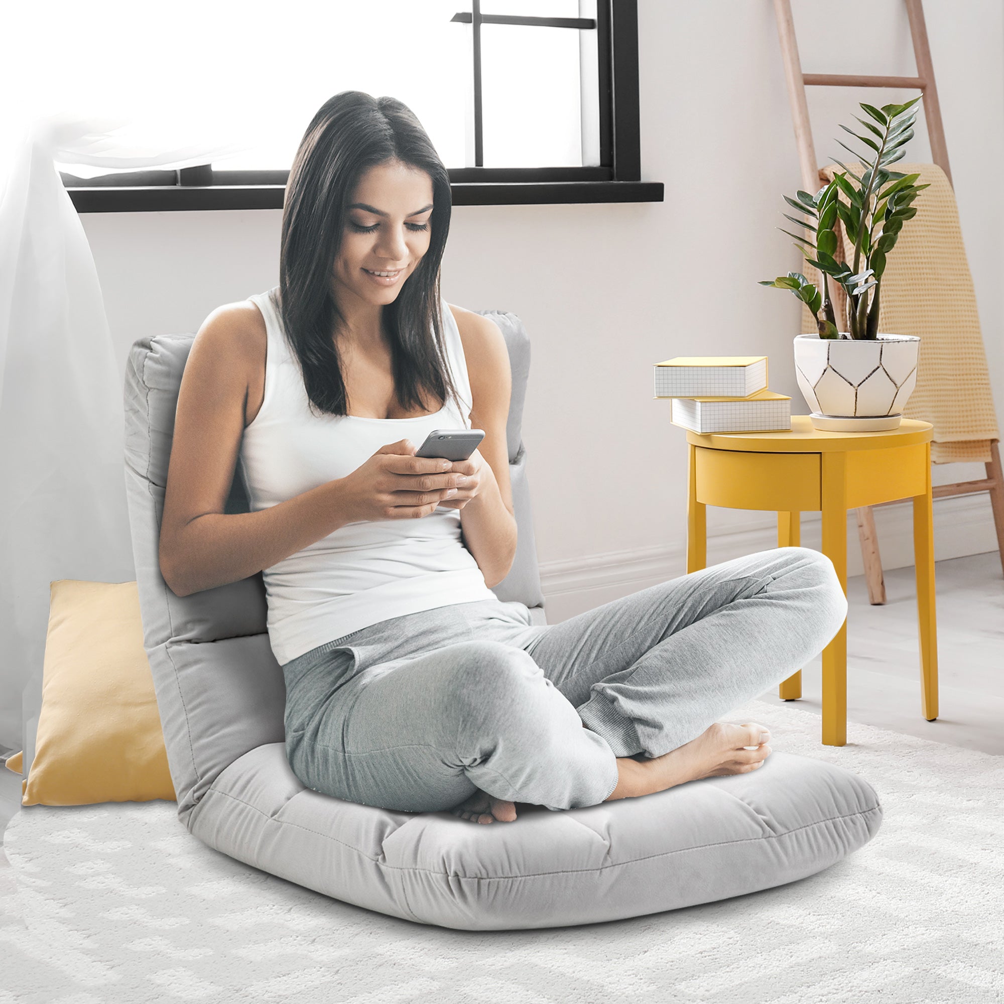 HOMCOM Bodenstuhl 3-in-1 Klappbar Bodensessel mit Rückenlehne 13 Positionen Verstellbare Klappliege Sitzkissen Grau Metall Schaumstoff 55 x 71 x 53,5 cm