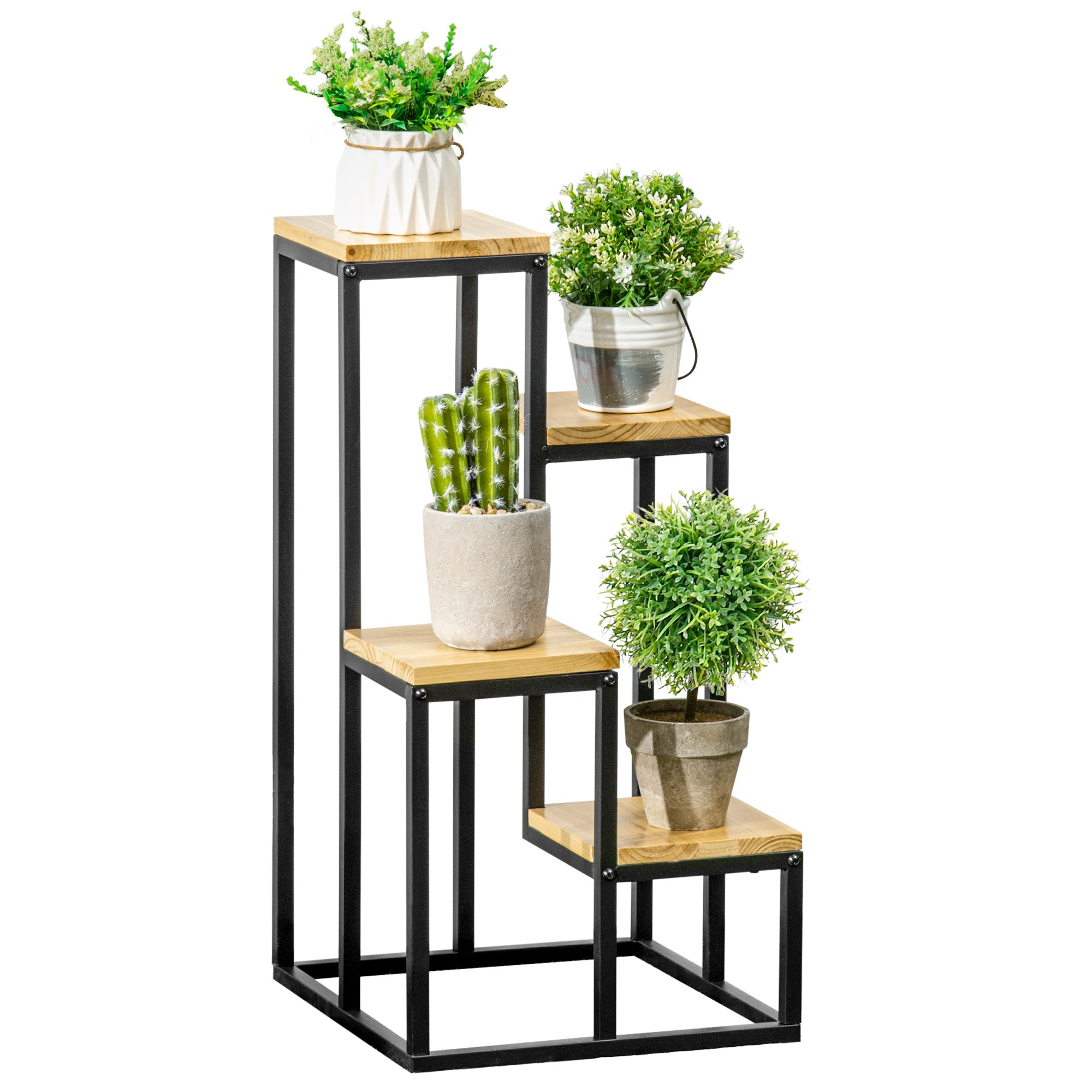 Outsunny Pflanzenständer im Industrie Design mit 4 Regalen, Blumentreppe, 34 cm x 34 cm x 66 cm, Natur + Schwarz