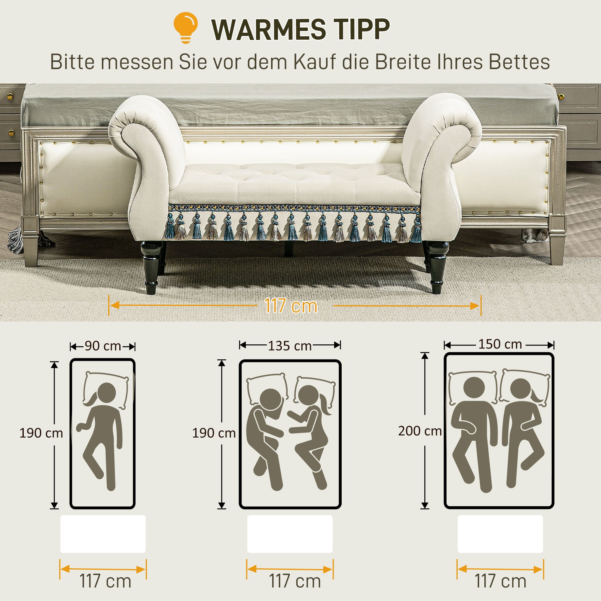 HOMCOM Polsterbank, Sitzbank, Vintage-Design, bis 150 kg, 117x40x58 cm, Beige