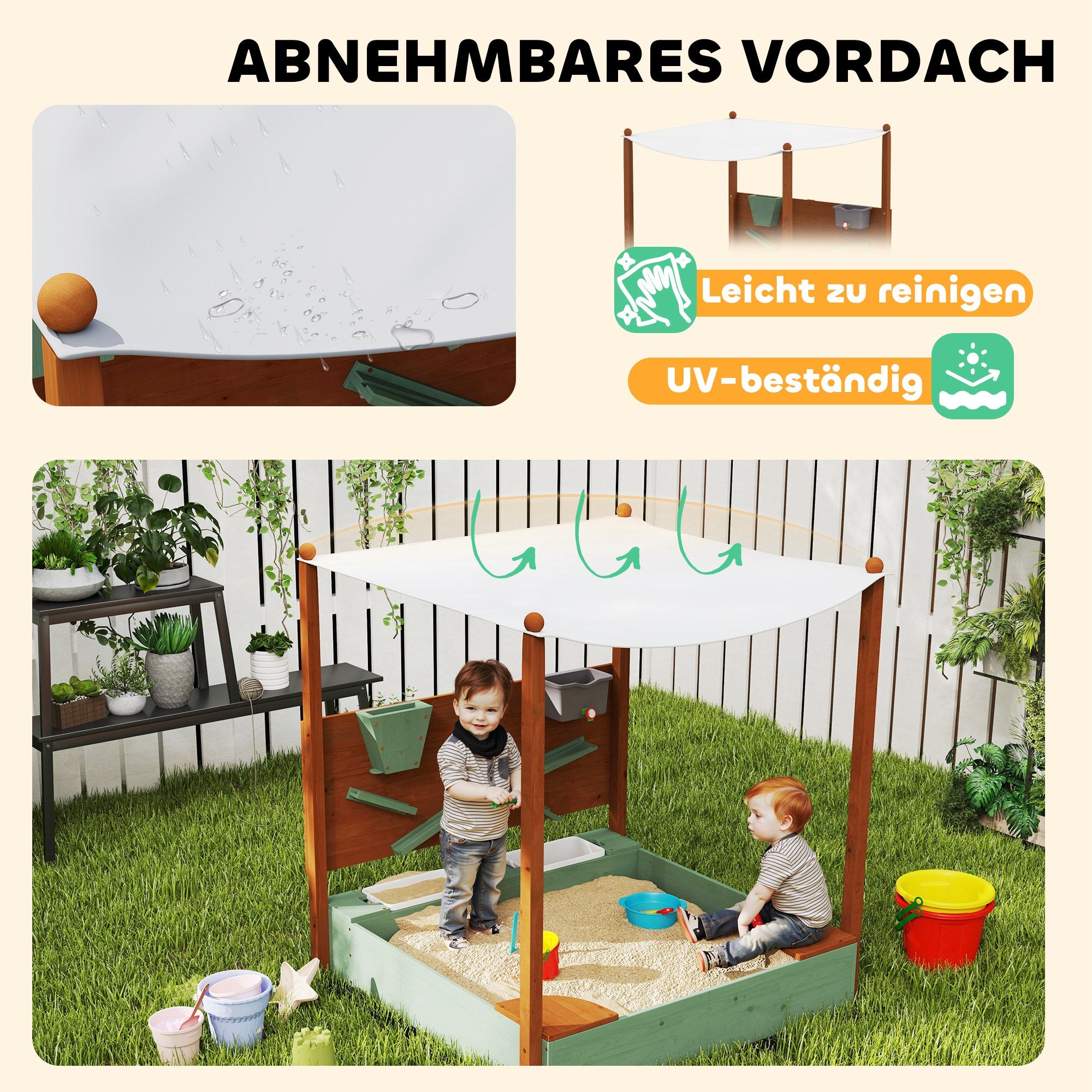 AIYAPLAY Sandkasten mit Sonnendach für Kinder, 2 Aufbewahrungsbehälter, 116L x 112,5B x 128H cm, Tannenholz, Kunststoff, Grün