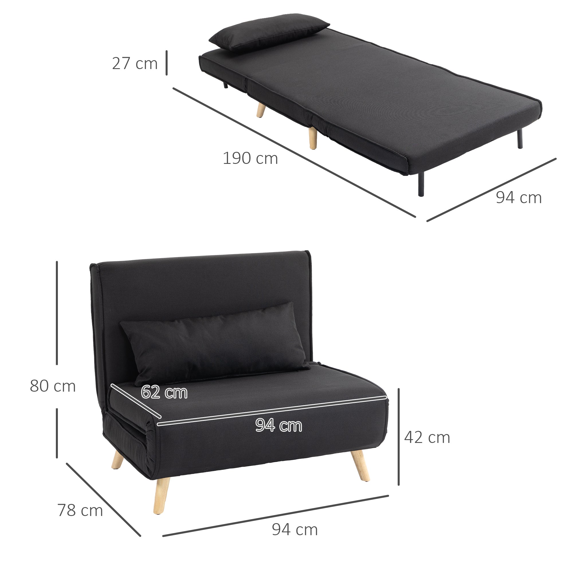 HOMCOM Relaxsessel mit Bettfunktion, für 1 Person, Modern-Design, bis 350 kg, 94x78x80cm, Schwarz