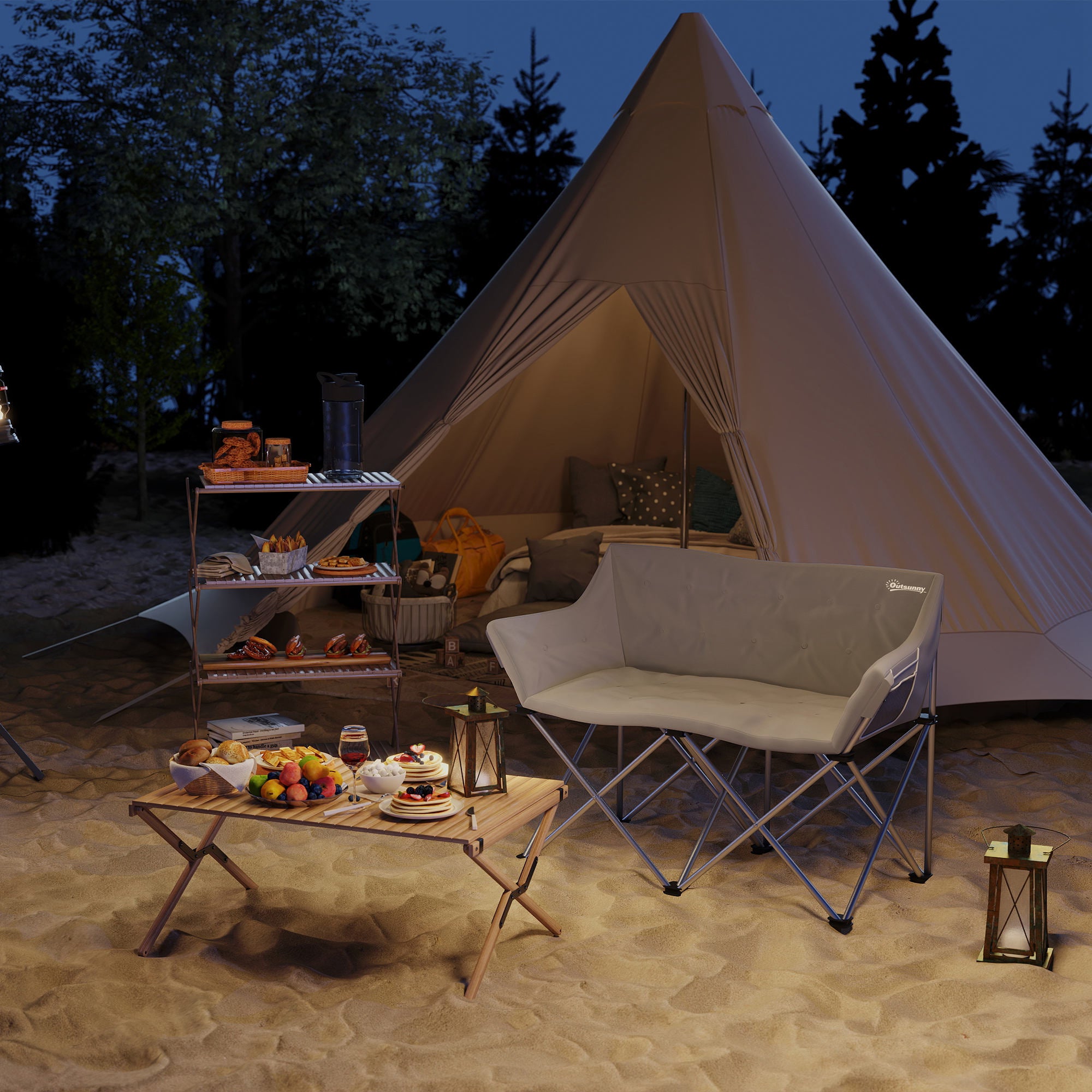 Outsunny Faltstuhl 2 Sitzer faltbar Campingstuhl mit Armlehnen Seitentasche bis 240kg belastbar Grau