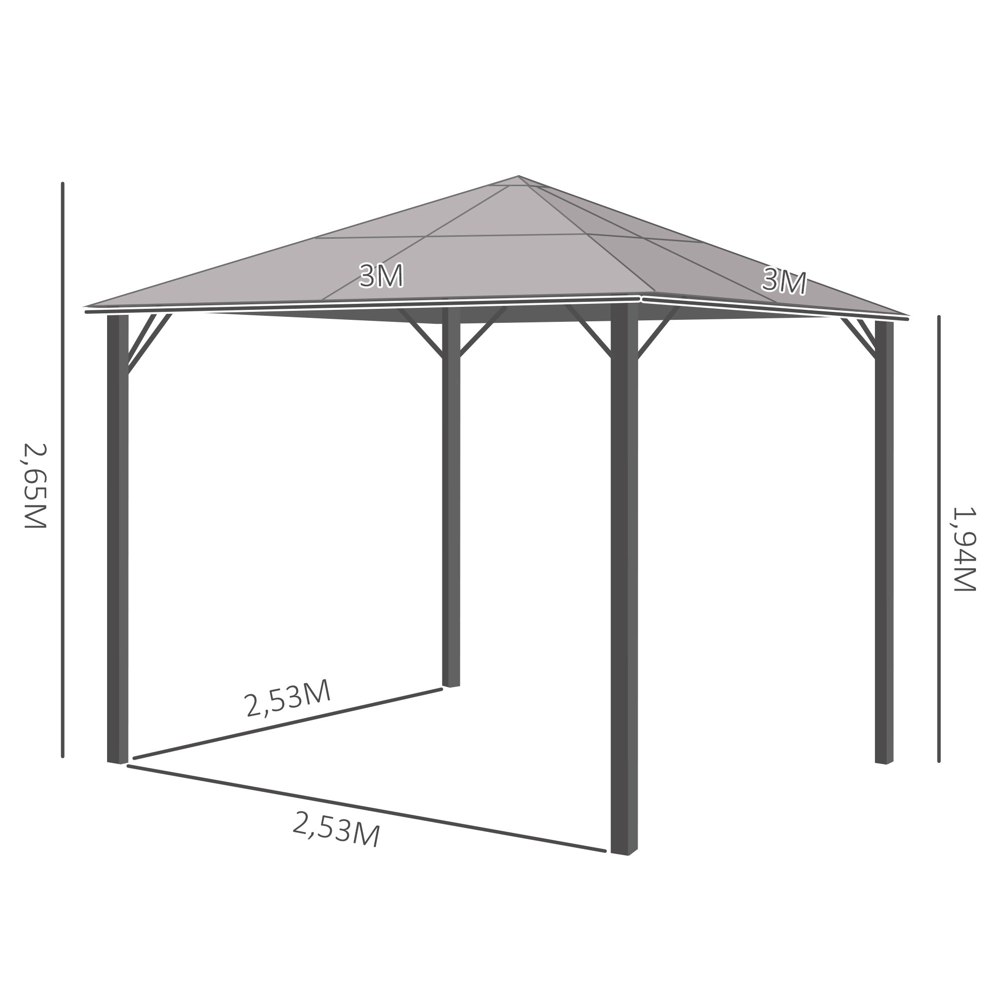 Outsunny Pavillon mit Polycarbonatdach, Vorhänge mit Fliegennetz, Alugestell, dunkelgrau, 3 x 3 m