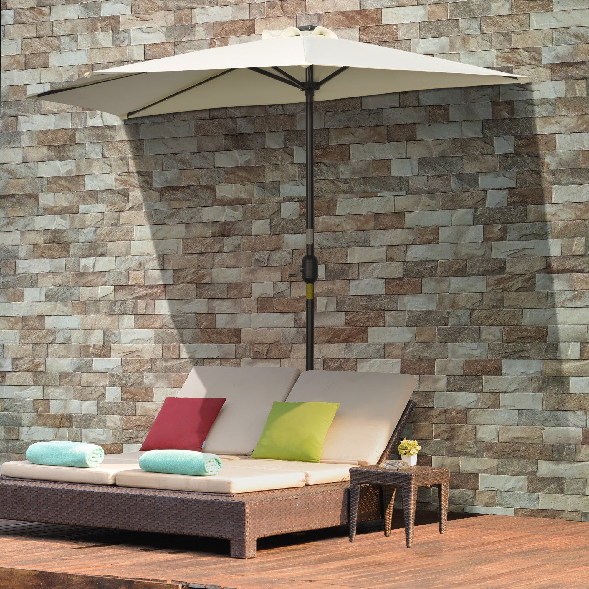 Outsunny Sonnenschirm, Terrassenschirm, halbrund, mit Solarpaneel, 20 LEDs, Handkurbel, beige, 2,70 x 1,35 x 2,40 m