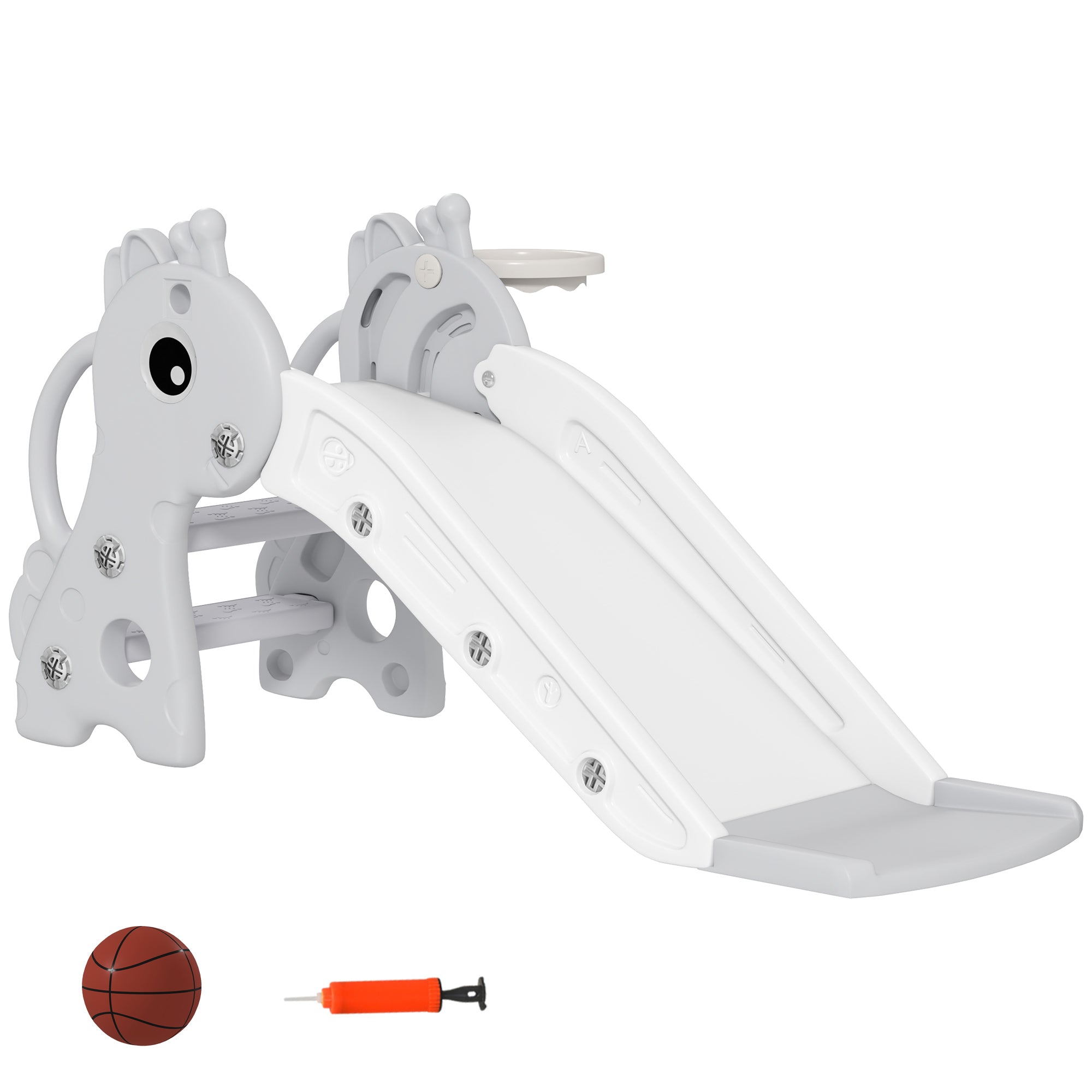 AIYAPLAY 3-in-1 Rutsche für Kinder, Giraffenform, Basketballkorb, Ball, Grau