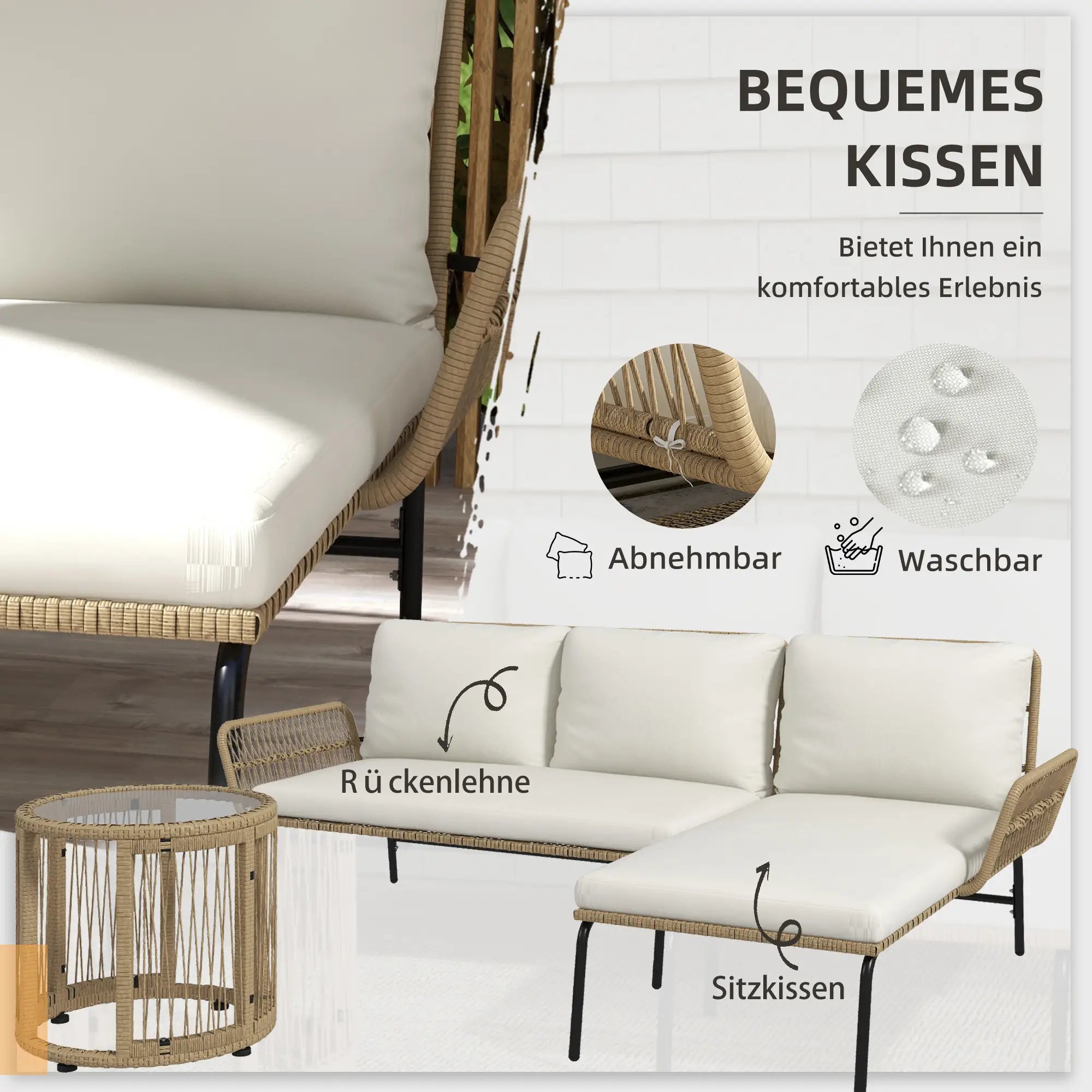 Outsunny Polyrattan Gartenmöbel-Set 3-tlg. Outdoor wetterfest cremeweiß