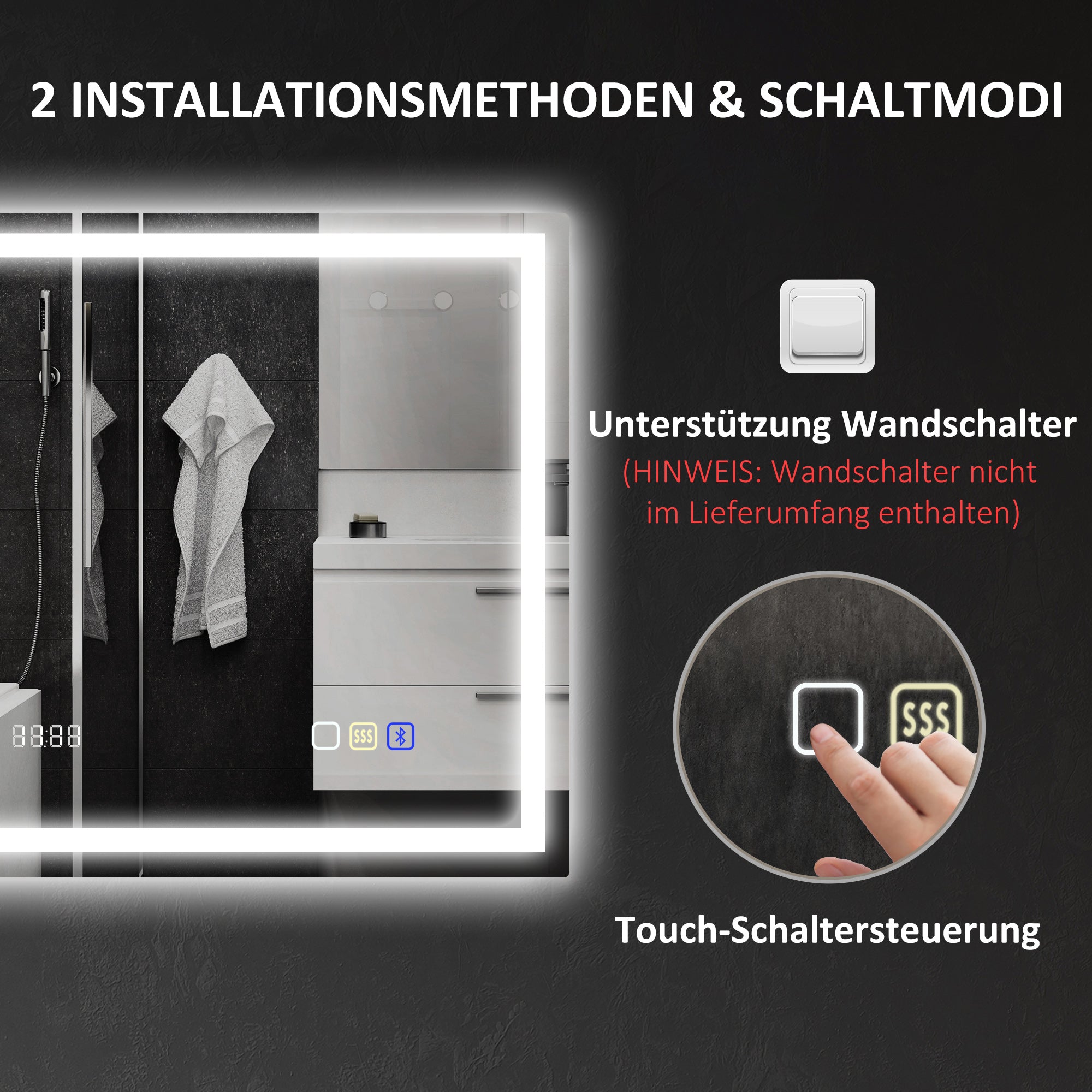HOMCOM Badezimmerspiegel mit LED-Beleuchtung, Anti-Beschlags-Pad, 3 verstellbare Farben, Uhr, 600 x 800 mm, Silberfarben