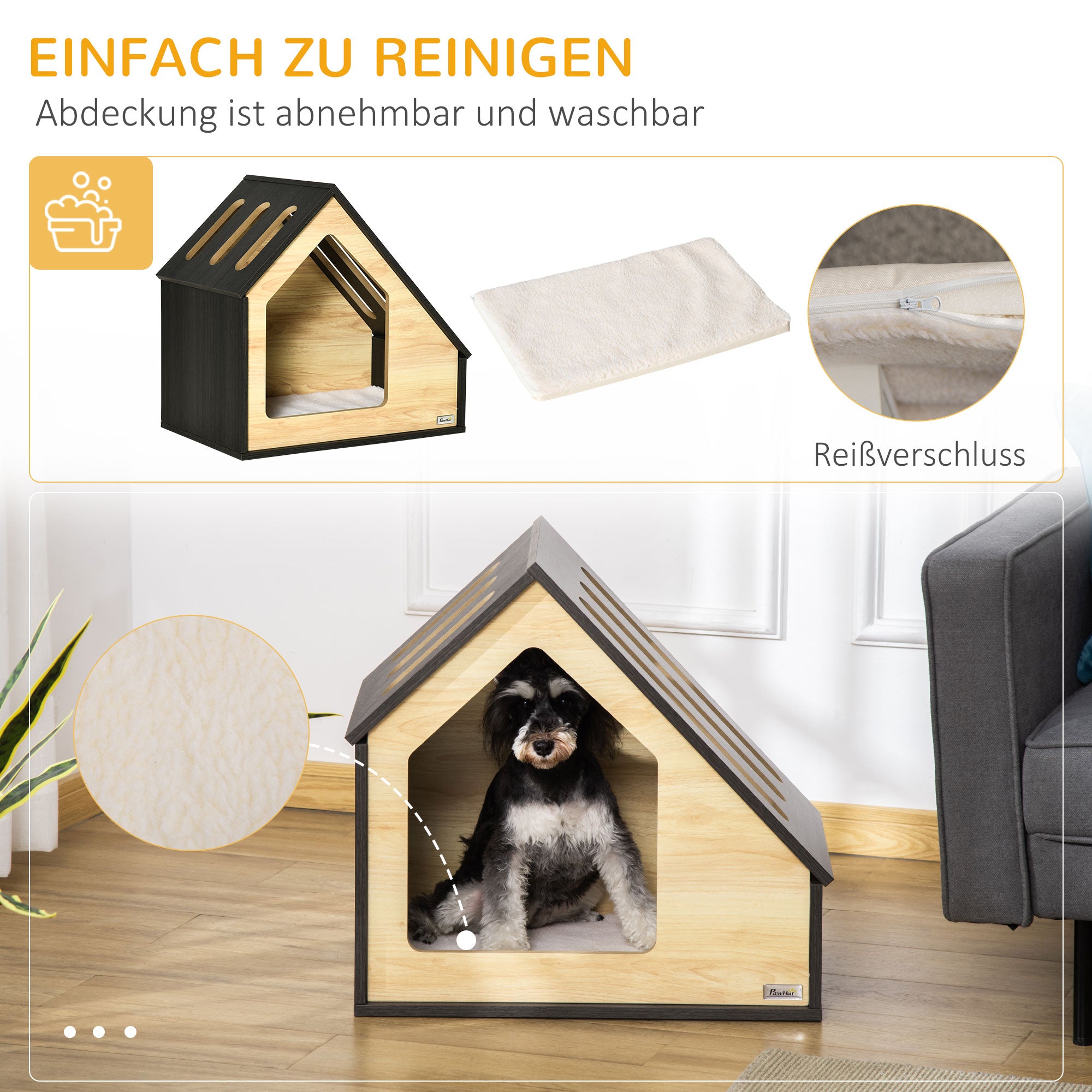 Pawhut Hundehütte Indoor Hundehöhle mit Kissen Hundehaus Hundehöhle mit schrägem Dach Katzenhaus für kleine Hunde bis 8 kg 60 x 40 x 59,2 cm, Braun