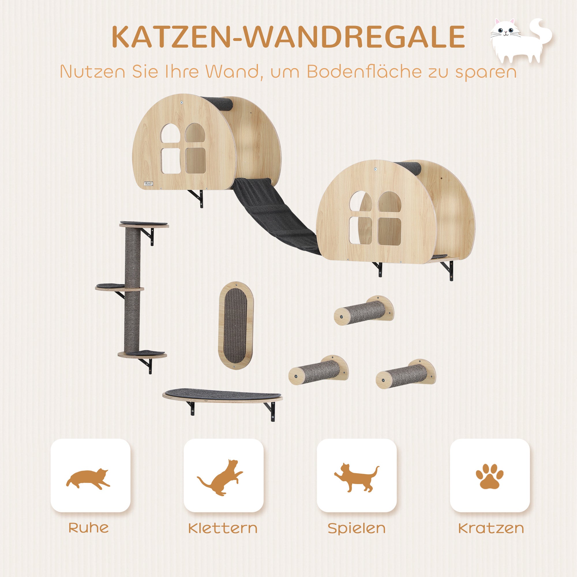 PawHut Kletterwand Katzen 7-teilig Katzen Kletterwand Set mit Sisalpfostenleiter, Plattform Kratzbaum Grau
