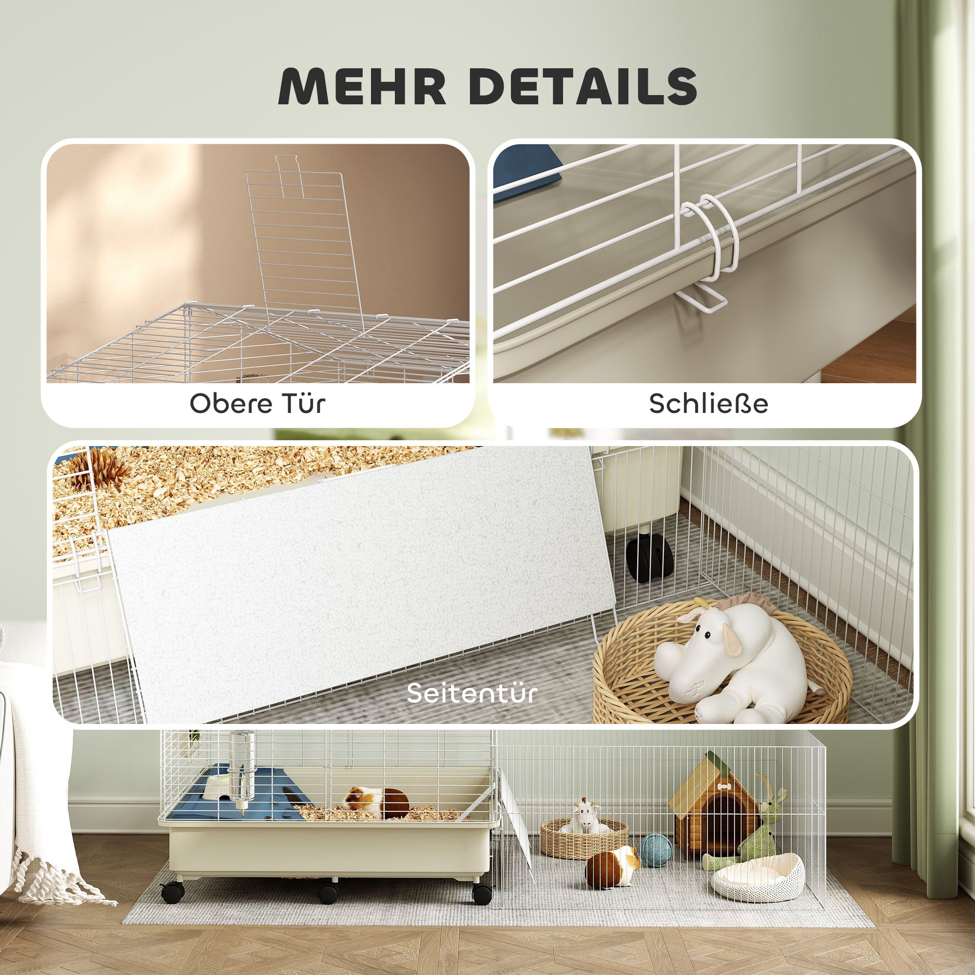 PawHut Kleintierkäfig, Balkon, Rampe, Futtertrog, Wasserflasche, 2-Ebenen-Design, Weiß