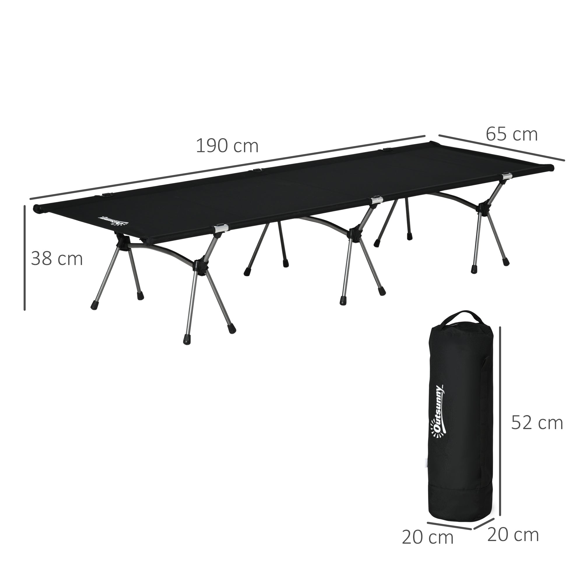 Outsunny Campingbett Klappbar Aluminium Feldbett Klappbett mit Tragetasche höhenverstellbar bis 150 kg belastbar Oxford Schwarz 190 x 65 x 38 cm