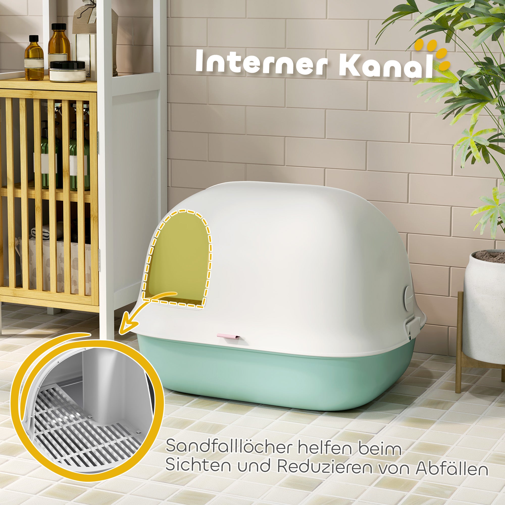 PawHut Katzentoilette mit Deckel, Katzenklo mit internem Kanal, Tür, Schaufel, leicht zu reinigen, Kunststoff, Grün