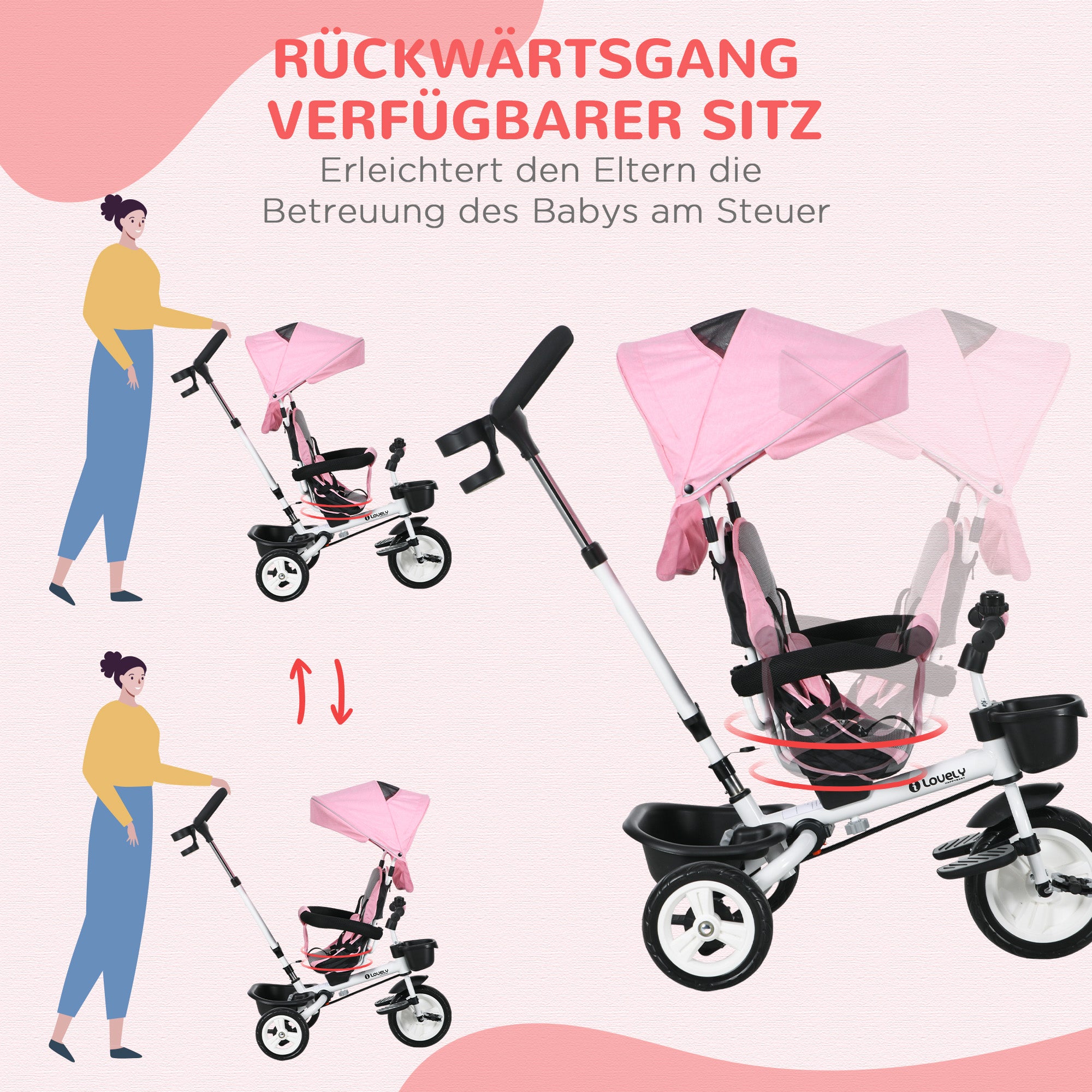 HOMCOM 6-in-1 Kinderdreirad mit Schiebestange, Dach, Gurt, Ablagekorb, 18+ Monate, Rosa